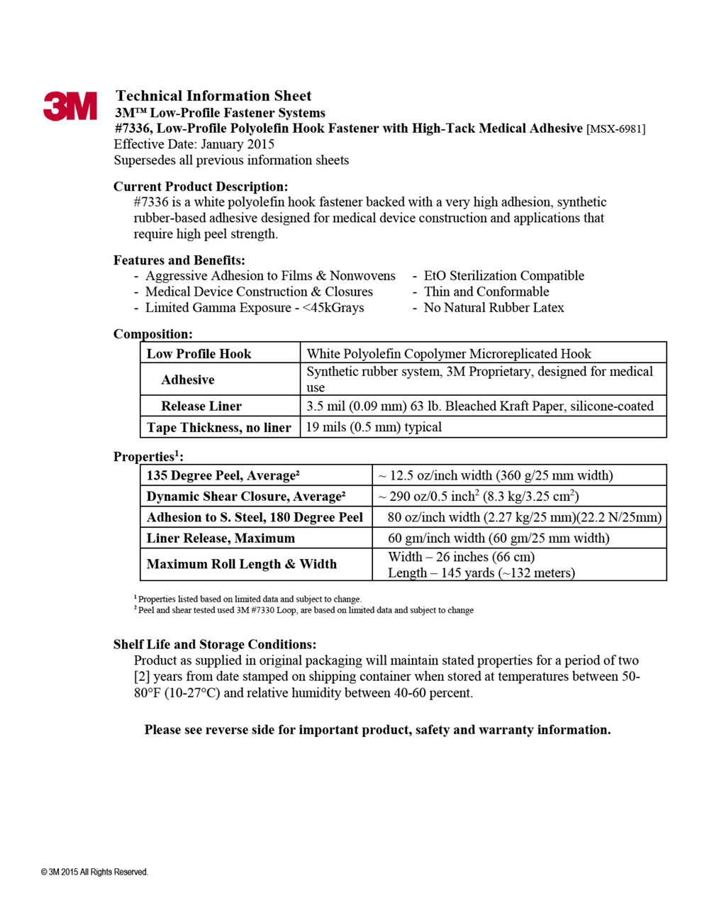 3M™ Medical Hook Fastener 7336, Technical Information Sheet