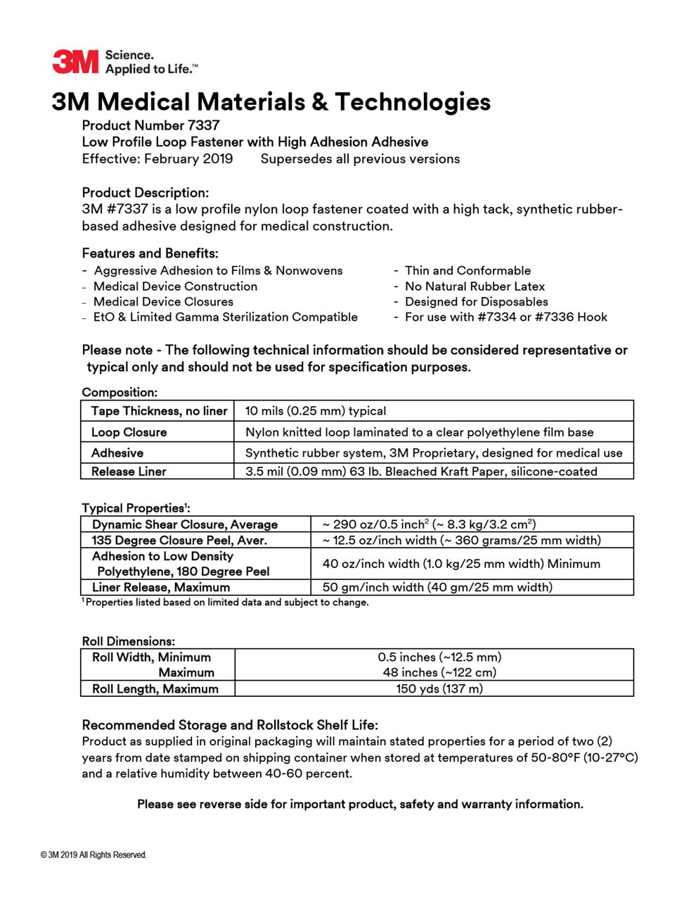 3M™ Medical Loop Fastener 7337, Technical Information Sheet
