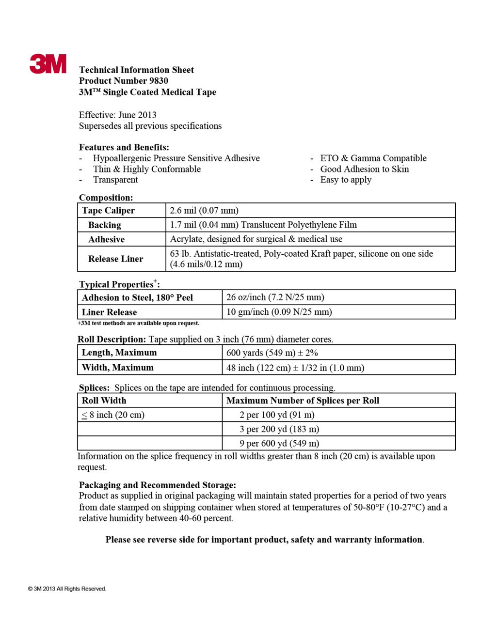 3M™ Medical Tape 9830, Technical Information Sheet