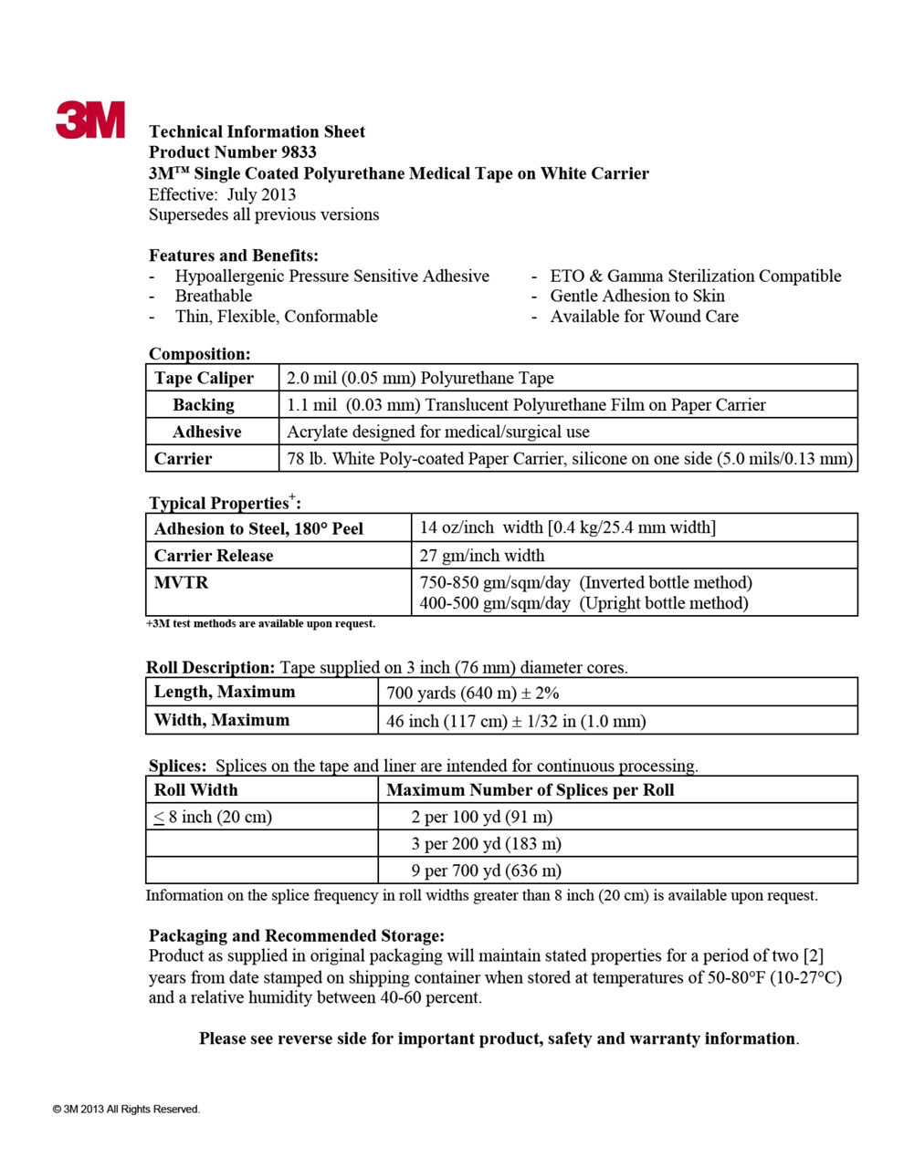 3M™ Medical Tape 9833, Technical Information Sheet