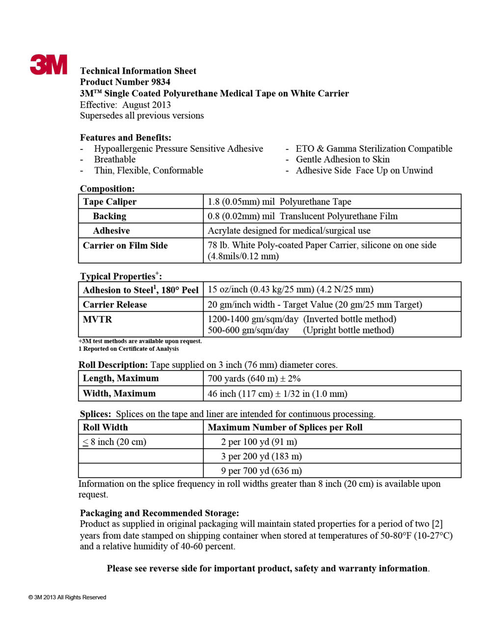 3M™ Medical Tape 9834, Technical Information Sheet