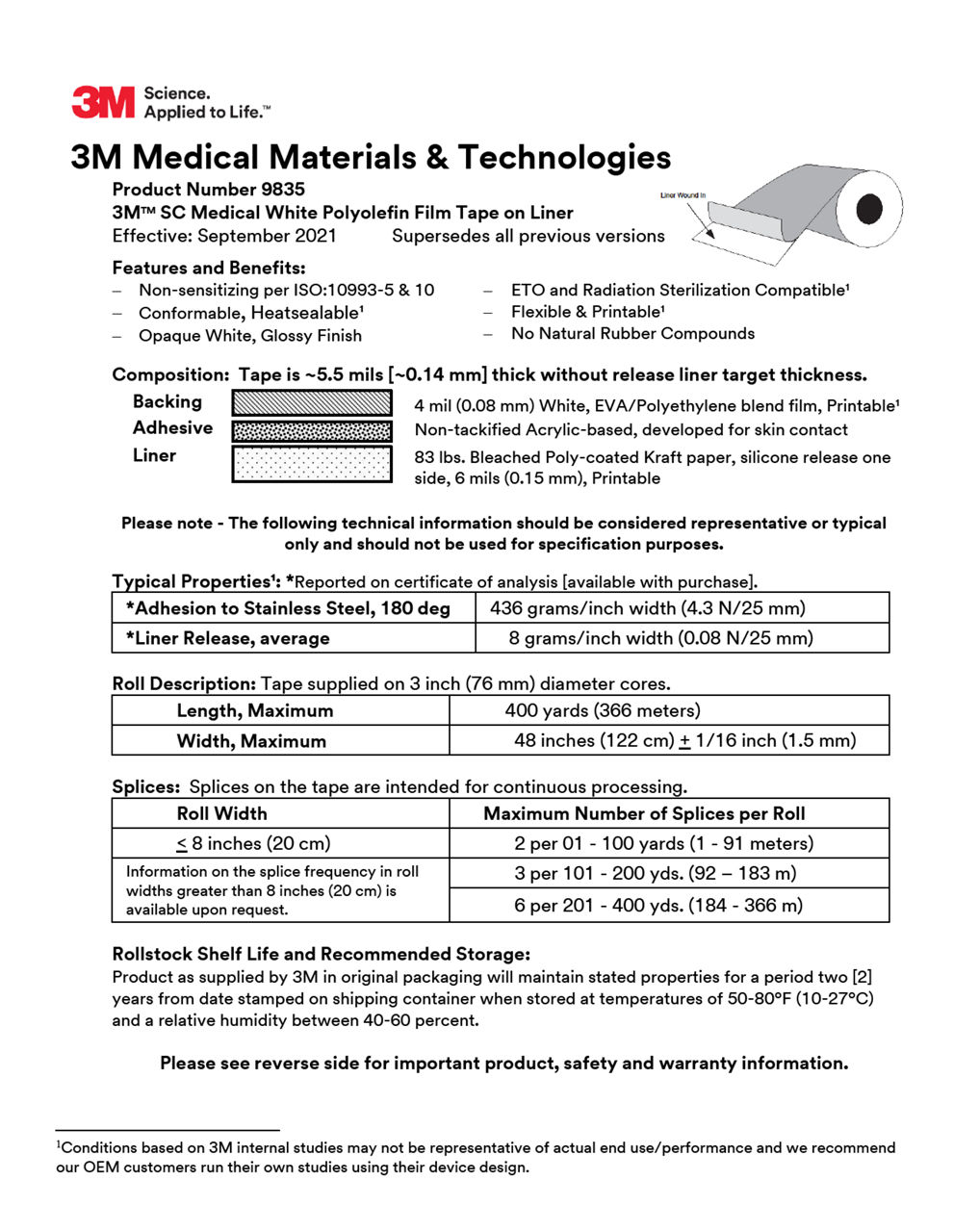 3M™ Medical Tape 9835, Technical Information Sheet