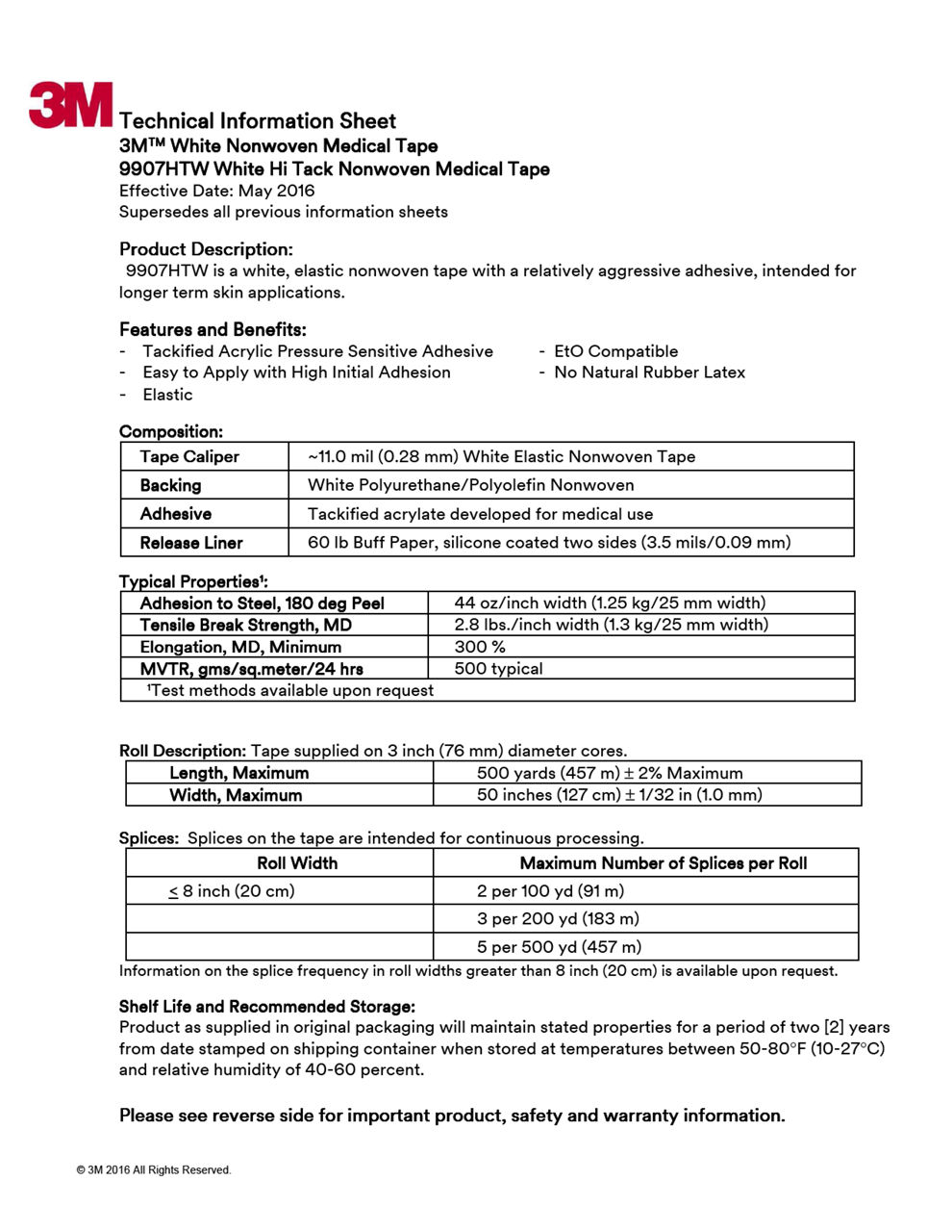3M™ Medical Tape 9907HTW, Technical Information Sheet