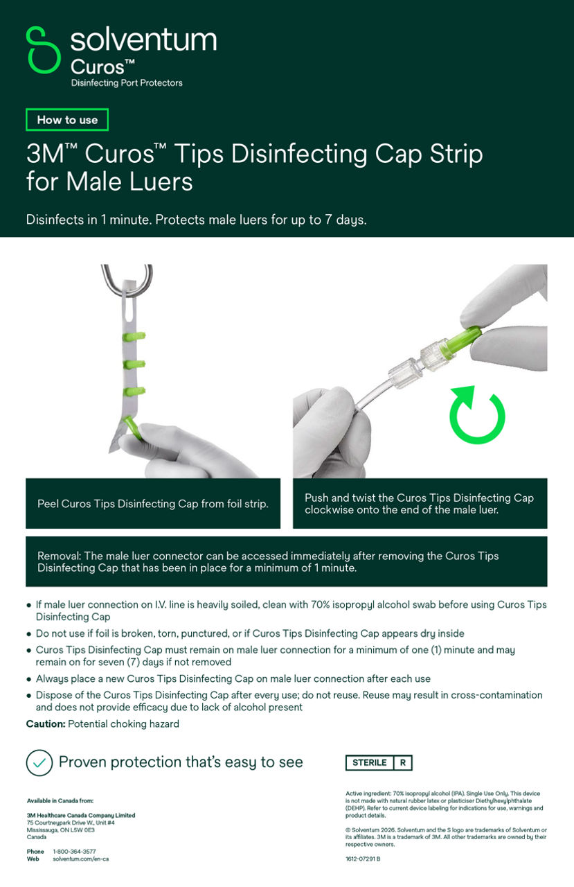 How to Use Curos Tips™ Disinfecting Cap for Male Luers Poster, Bilingual