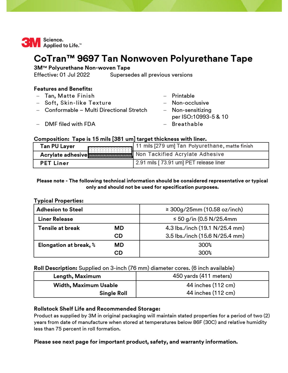 3M™ Nonwoven Polyurethane 9697, Technical Information Sheet