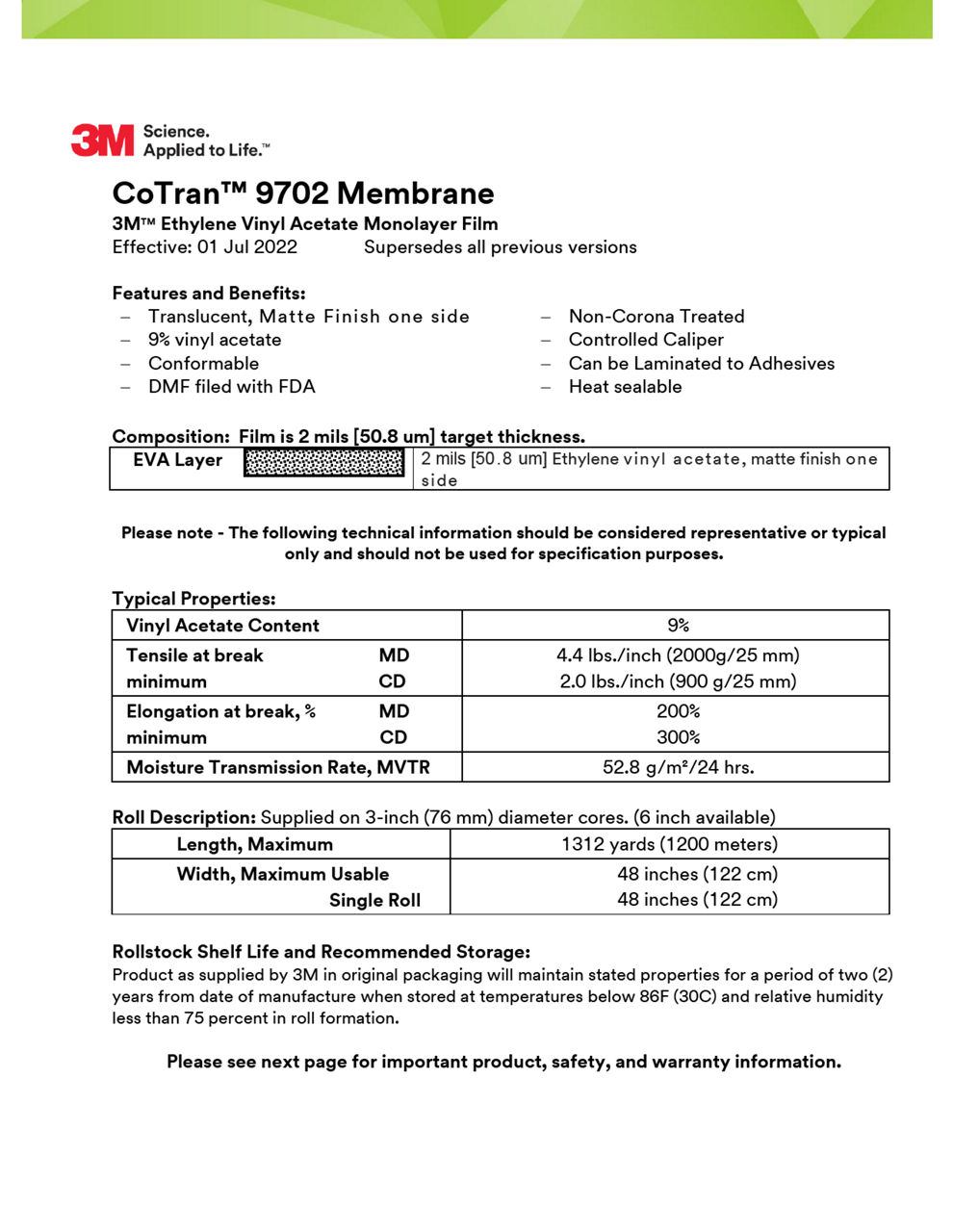 3M™ Ethylene Vinyl Acetate Membrane Film 9702, Technical Information Sheet