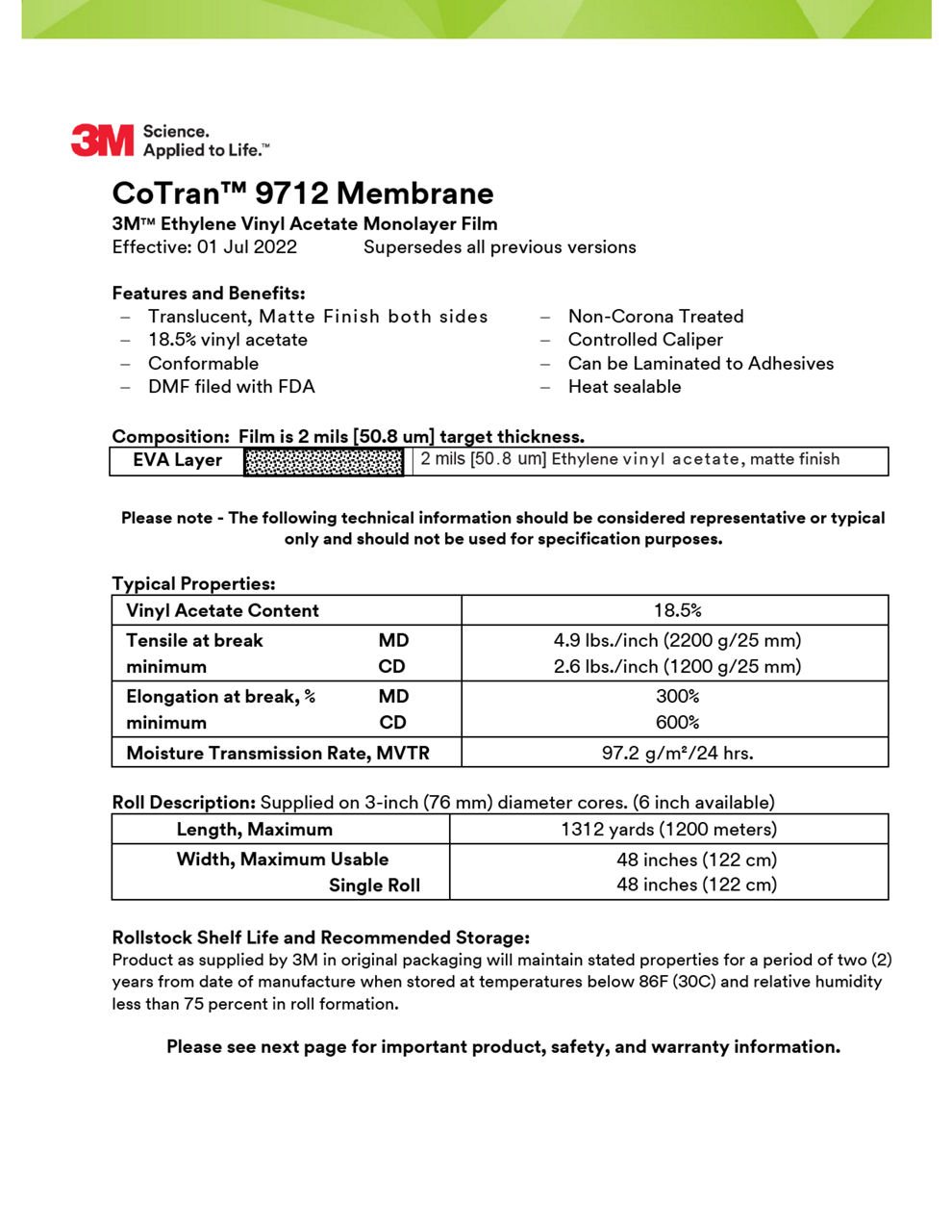 3M™ Ethylene Vinyl Acetate Membrane Film 9712, Technical Information Sheet