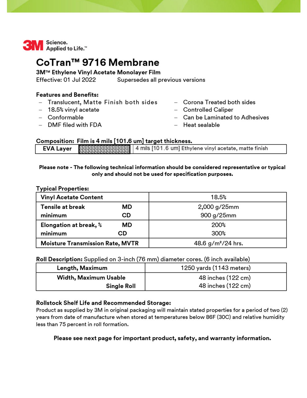 3M™ Ethylene Vinyl Acetate Membrane Film 9716, Technical Information Sheet