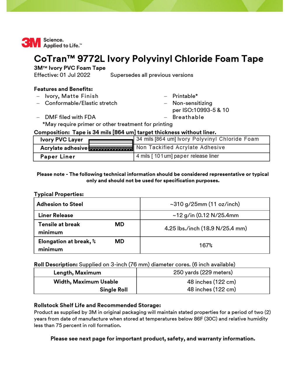 3M™ PVC Foam Tape 9772L, Technical Information Sheet