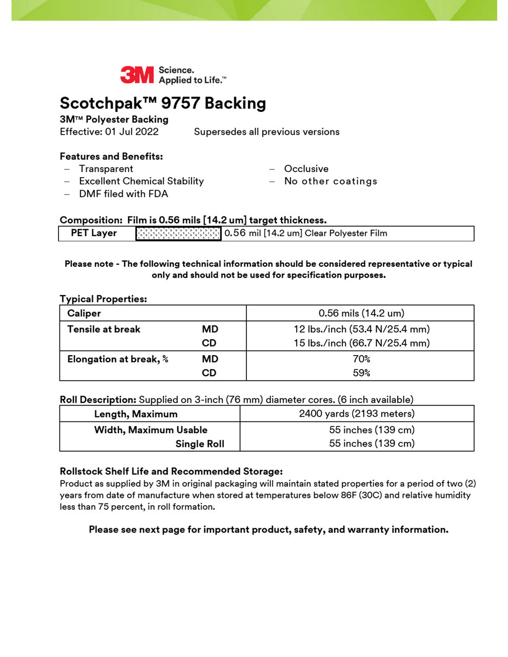 3M™ Polyester Backing Film Laminate 9757, Technical Information Sheet