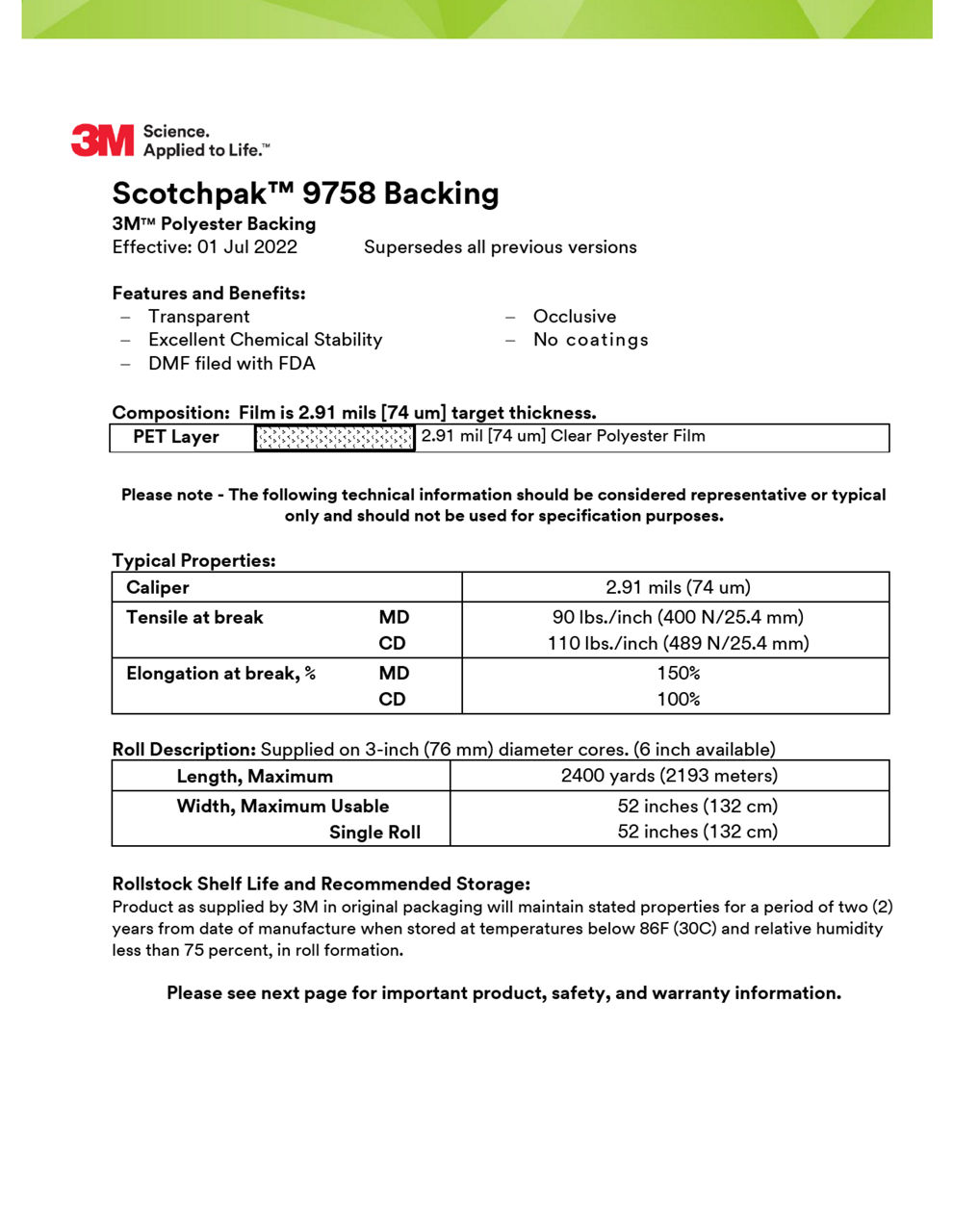 3M™ Polyester Backing Film Laminate 9758, Technical Information Sheet