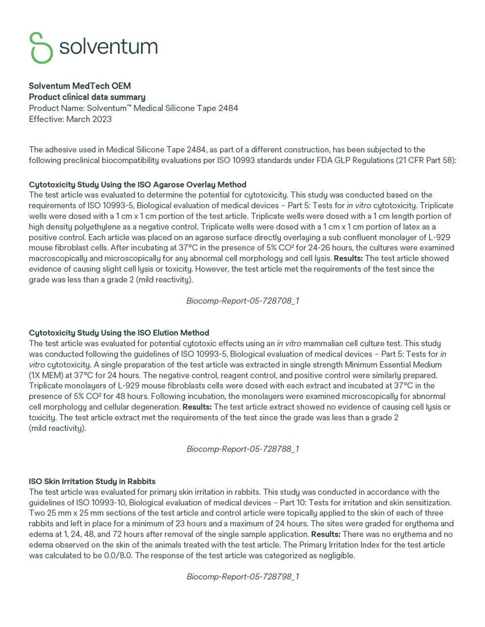 Solventum™ Medical Silicone Tape 2484, Product clinical data summary