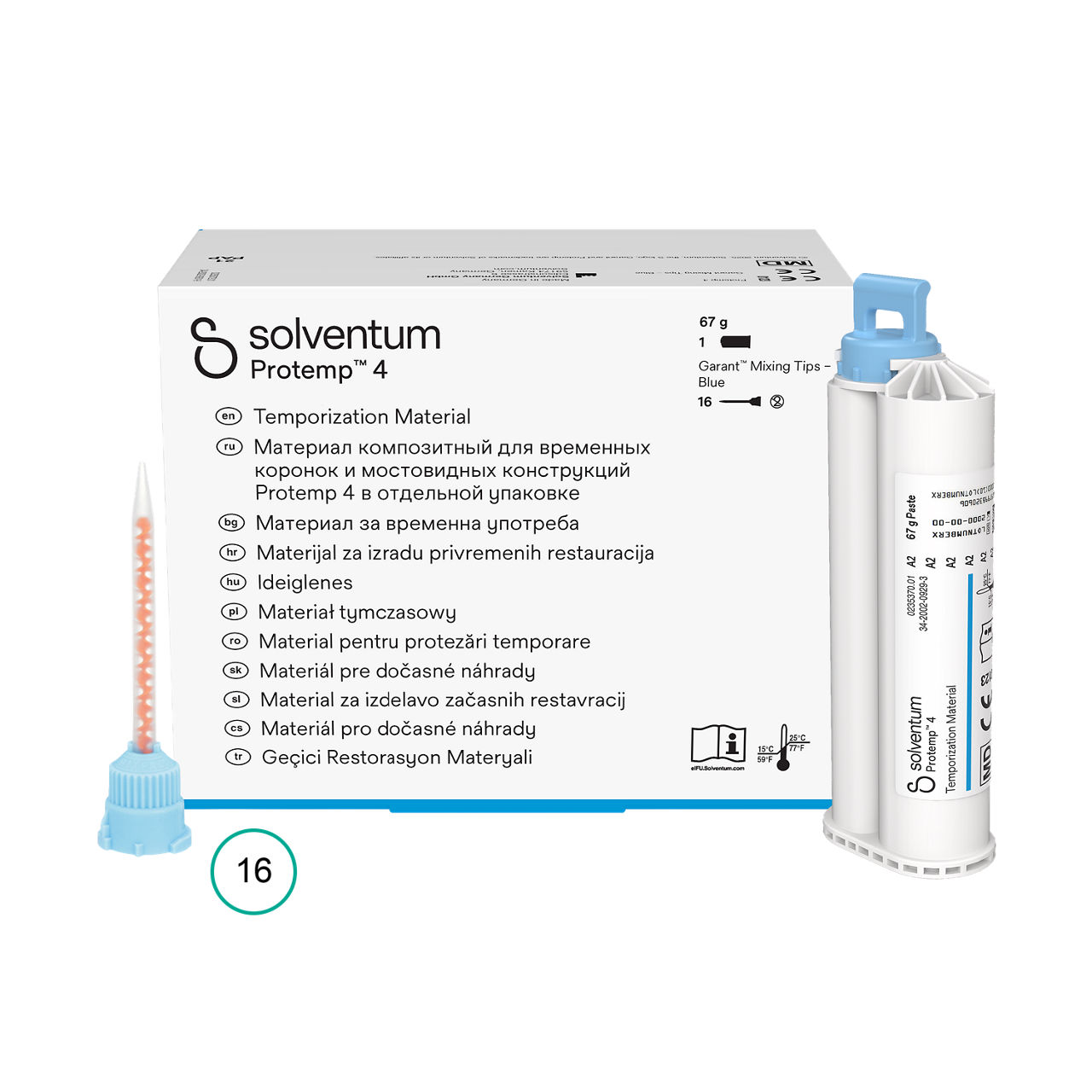 Solventum™ Protemp™ 4 Temporization Material, 46956EE, A2, 67 g Paste, Mixing Tips – Blue - Front, Center, In and Out of Packaging (1C10)