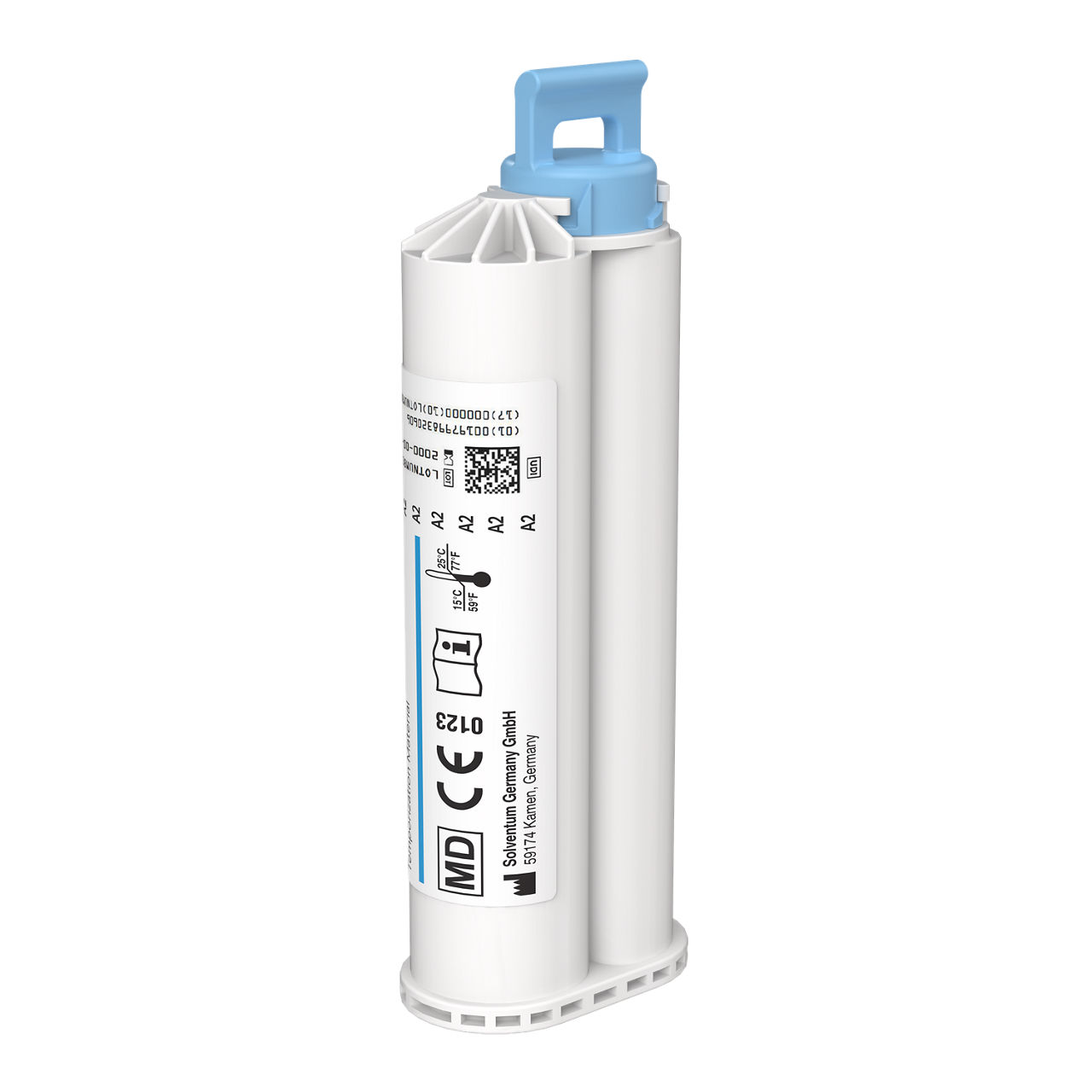 Solventum™ Protemp™ 4 Temporization Material, 46956EE, A2, 67 g Paste, Mixing Tips – Blue - Front, Left, Out of Packaging (1L0)