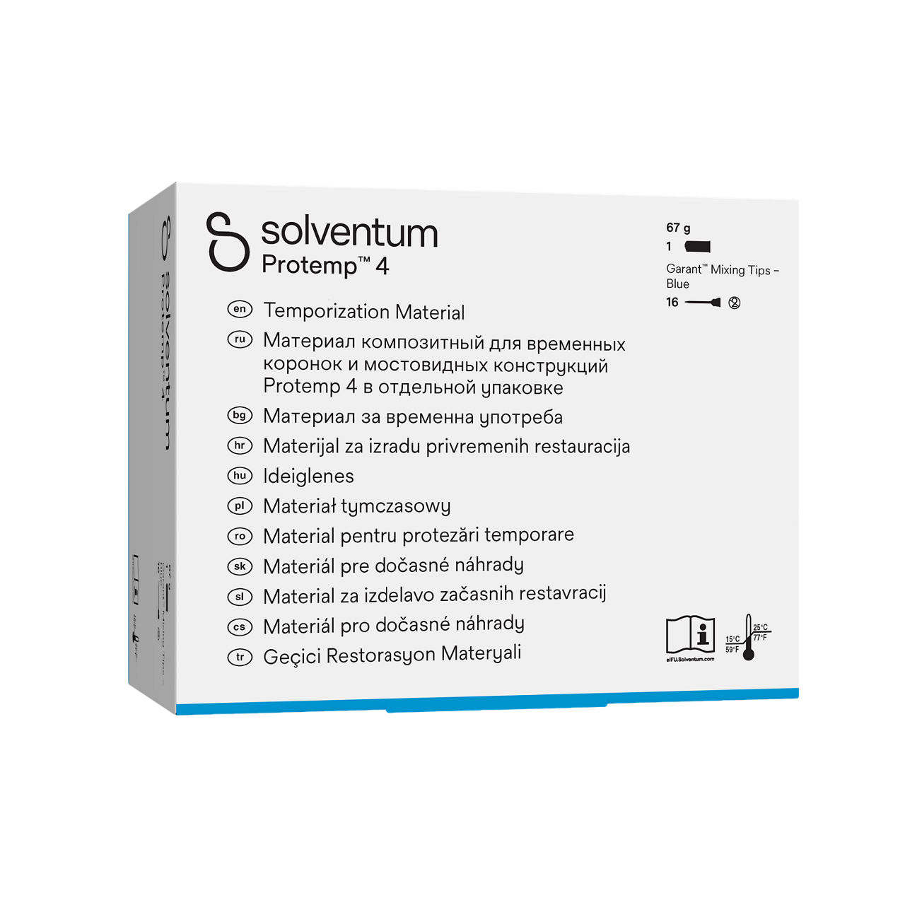Solventum™ Protemp™ 4 Temporization Material, 46956EE, A2, 67 g Paste, Mixing Tips – Blue - Front, Left, In Packaging (1L1)