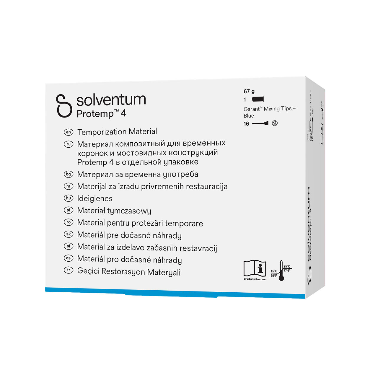 Solventum™ Protemp™ 4 Temporization Material, 46956EE, A2, 67 g Paste, Mixing Tips – Blue - Front, Right, In Packaging (1R1)