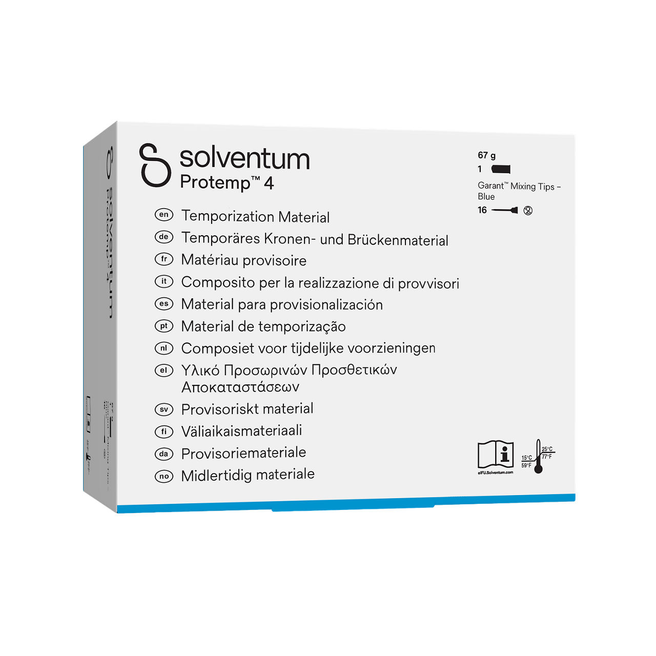 Solventum™ Protemp™ 4 Temporization Material, 46956WE, A2, 67 g Paste, Mixing Tips – Blue - Front, Left, In Packaging (1L1)