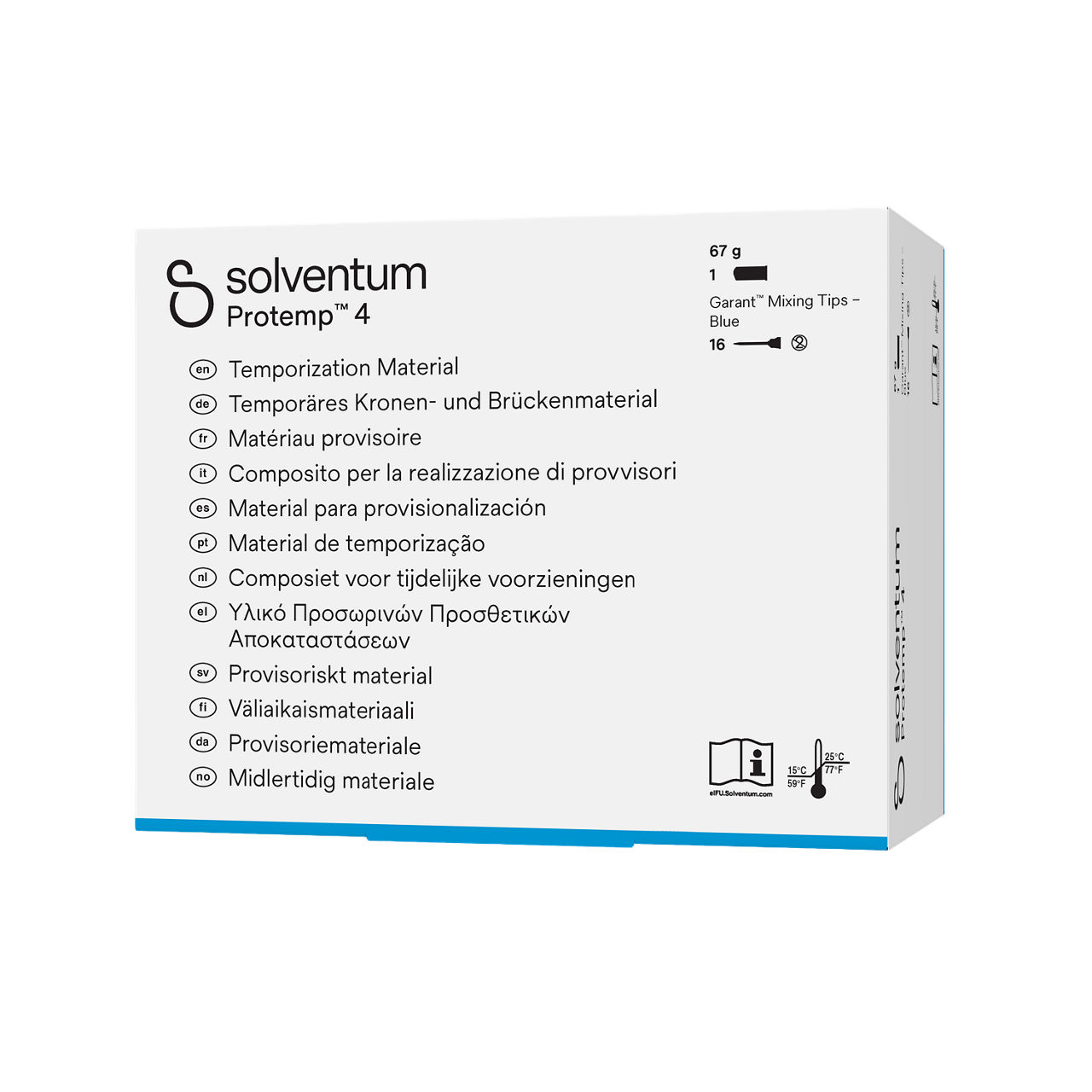 Solventum™ Protemp™ 4 Temporization Material, 46956WE, A2, 67 g Paste, Mixing Tips – Blue - Front, Right, In Packaging (1R1)