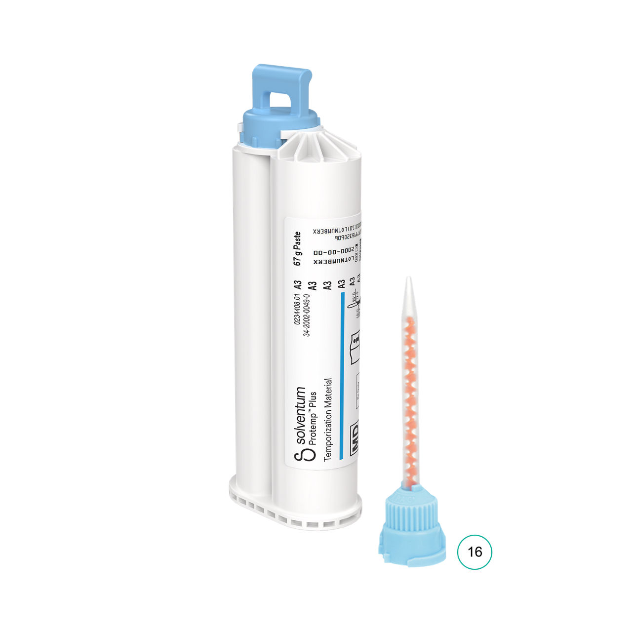 Solventum™ Protemp™ Plus Temporization Material, 46958, A3, 67 g Paste, Mixing Tips – Blue - Front, Center, Out of Packaging (1C0)