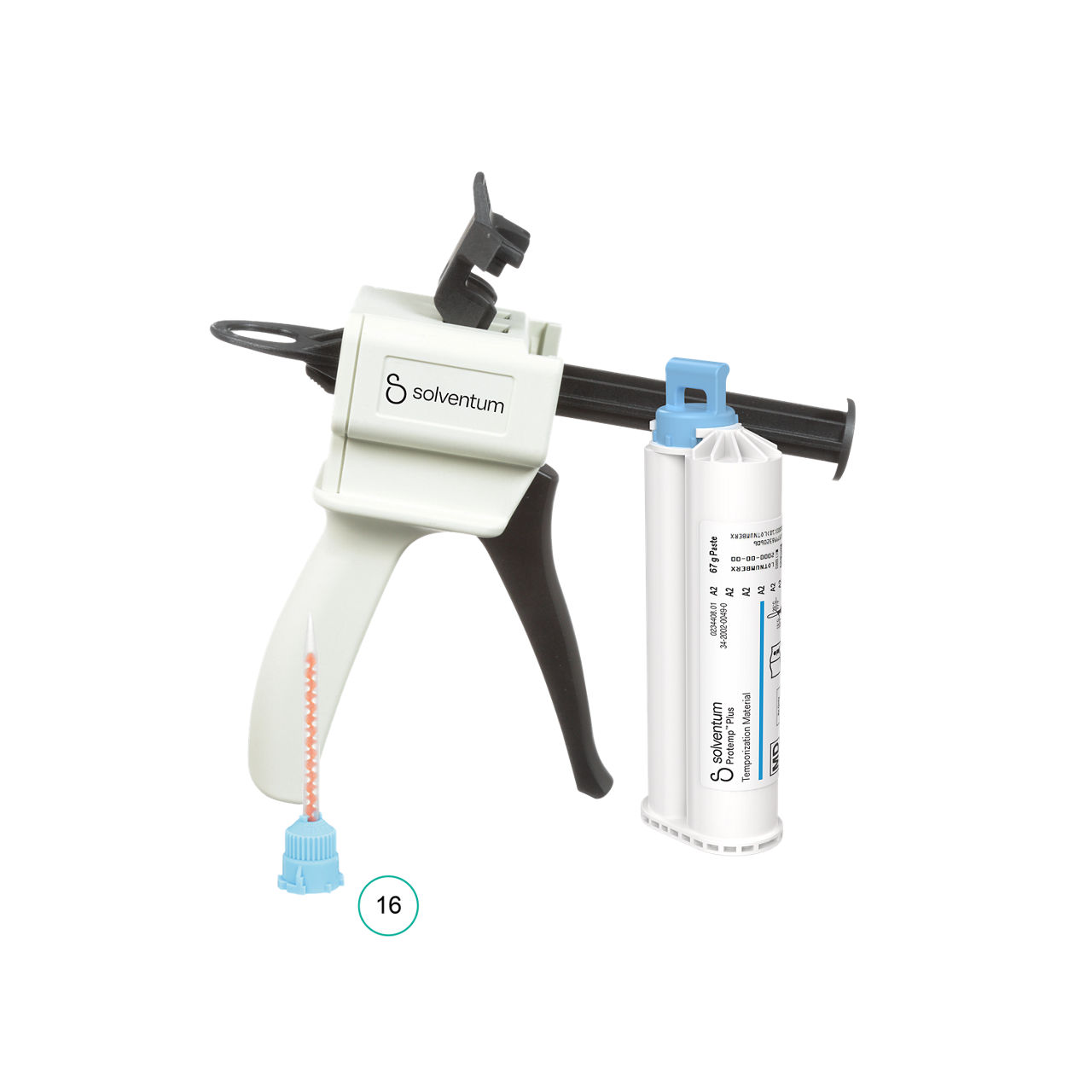 Solventum™ Protemp™ Plus Temporization Material – Introductory Kit A2, 46962, 67 g Paste, Dispenser 10:1, Mixing Tips – Blue - Front, Center, Out of Packaging (1C0)