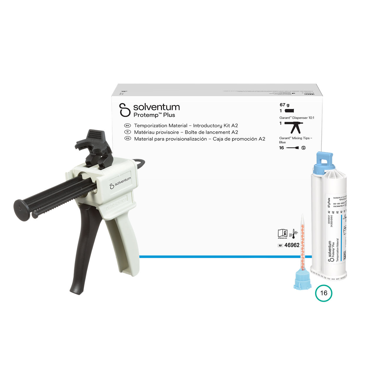 Solventum™ Protemp™ Plus Temporization Material – Introductory Kit A2, 46962, 67 g Paste, Dispenser 10:1, Mixing Tips – Blue