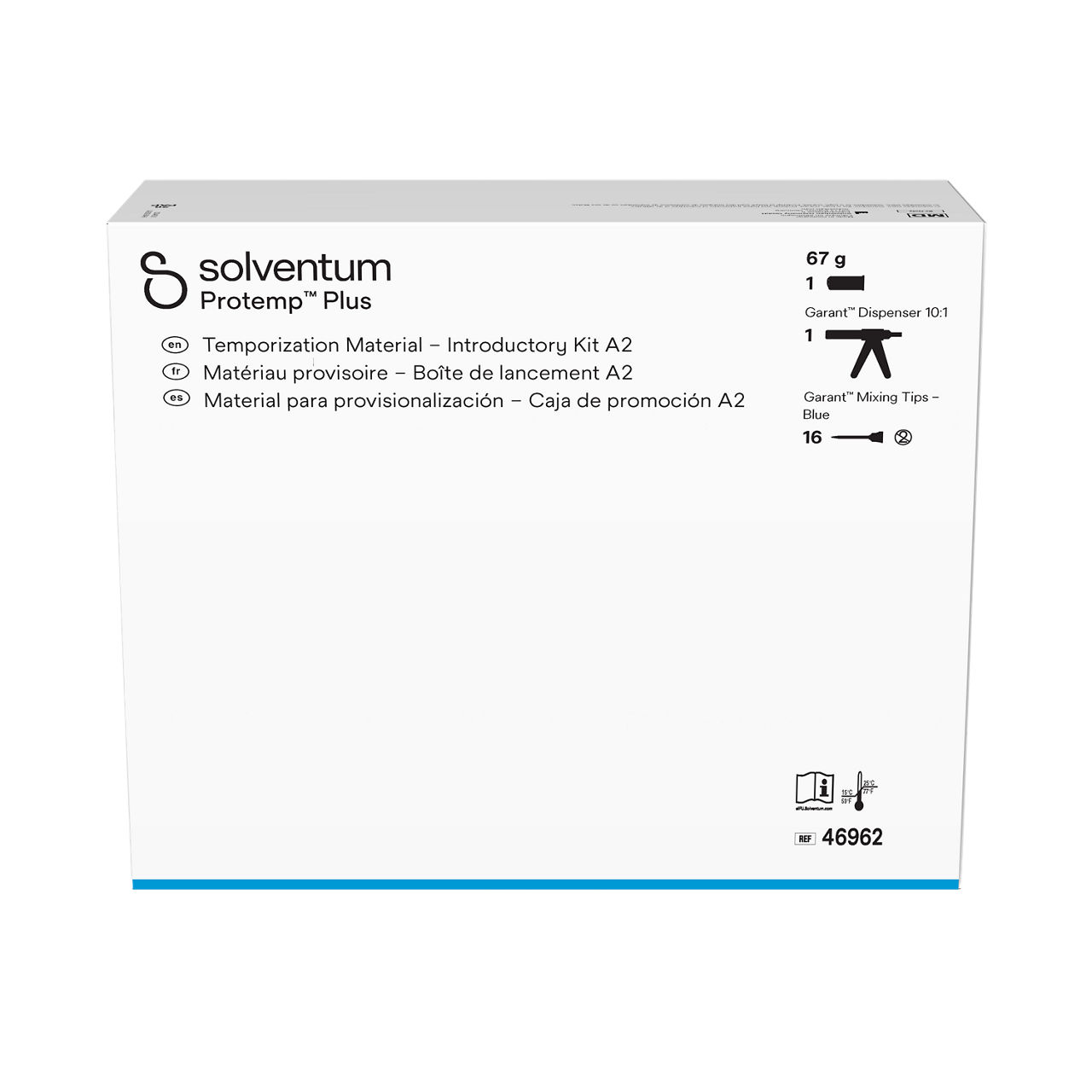 Solventum™ Protemp™ Plus Temporization Material – Introductory Kit A2, 46962, 67 g Paste, Dispenser 10:1, Mixing Tips – Blue - Front, Center, In Packaging (1C1)