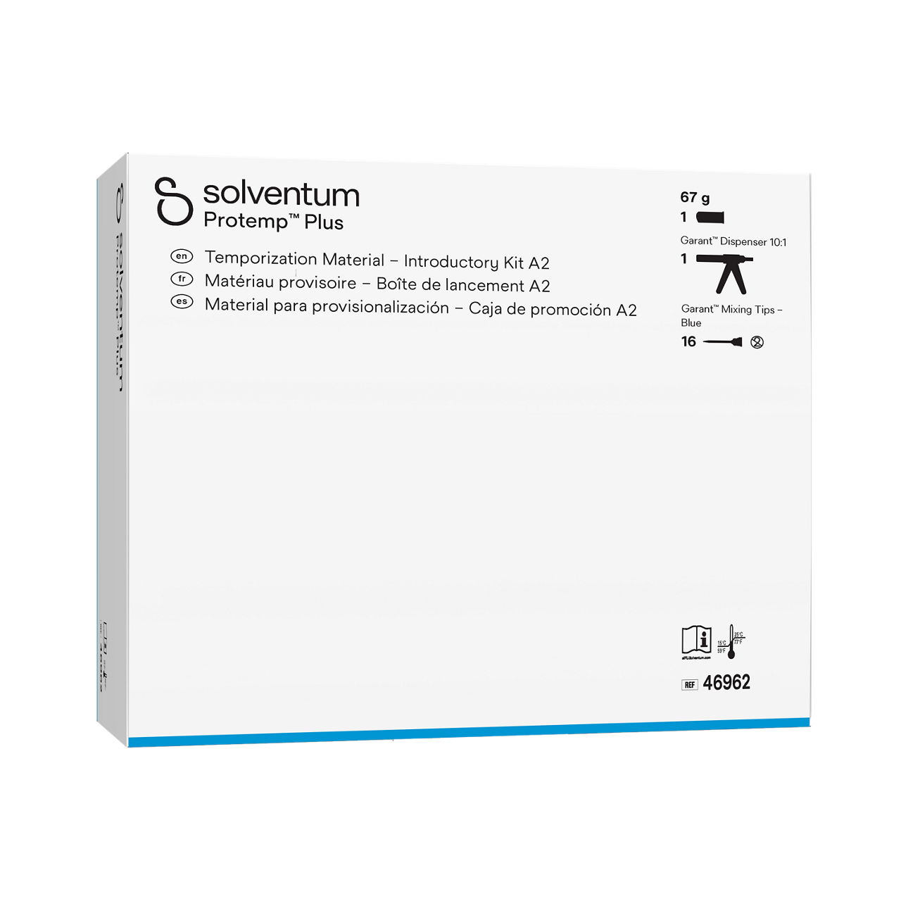 Solventum™ Protemp™ Plus Temporization Material – Introductory Kit A2, 46962, 67 g Paste, Dispenser 10:1, Mixing Tips – Blue - Front, Left, In Packaging (1L1)