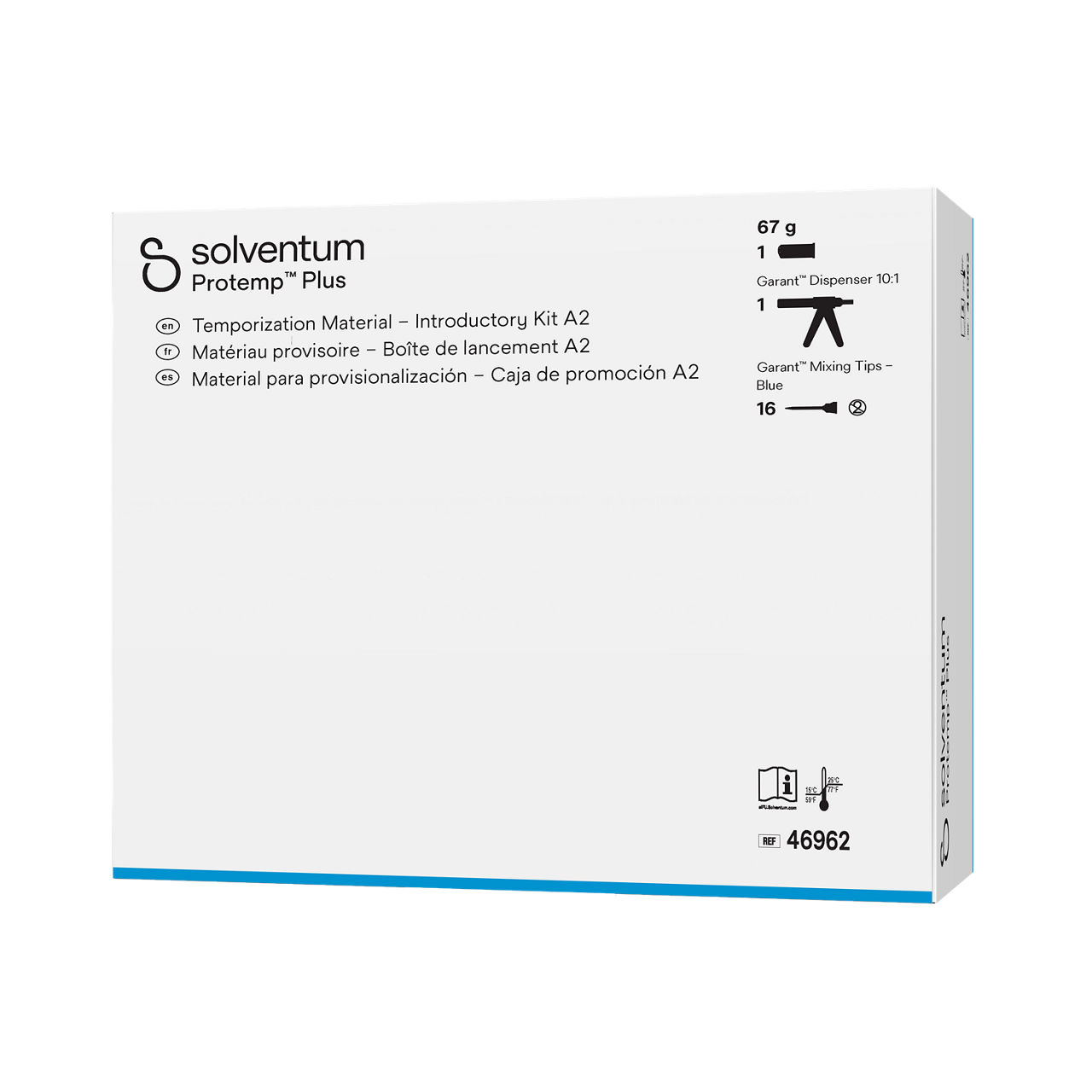 Solventum™ Protemp™ Plus Temporization Material – Introductory Kit A2, 46962, 67 g Paste, Dispenser 10:1, Mixing Tips – Blue - Front, Right, In Packaging (1R1)