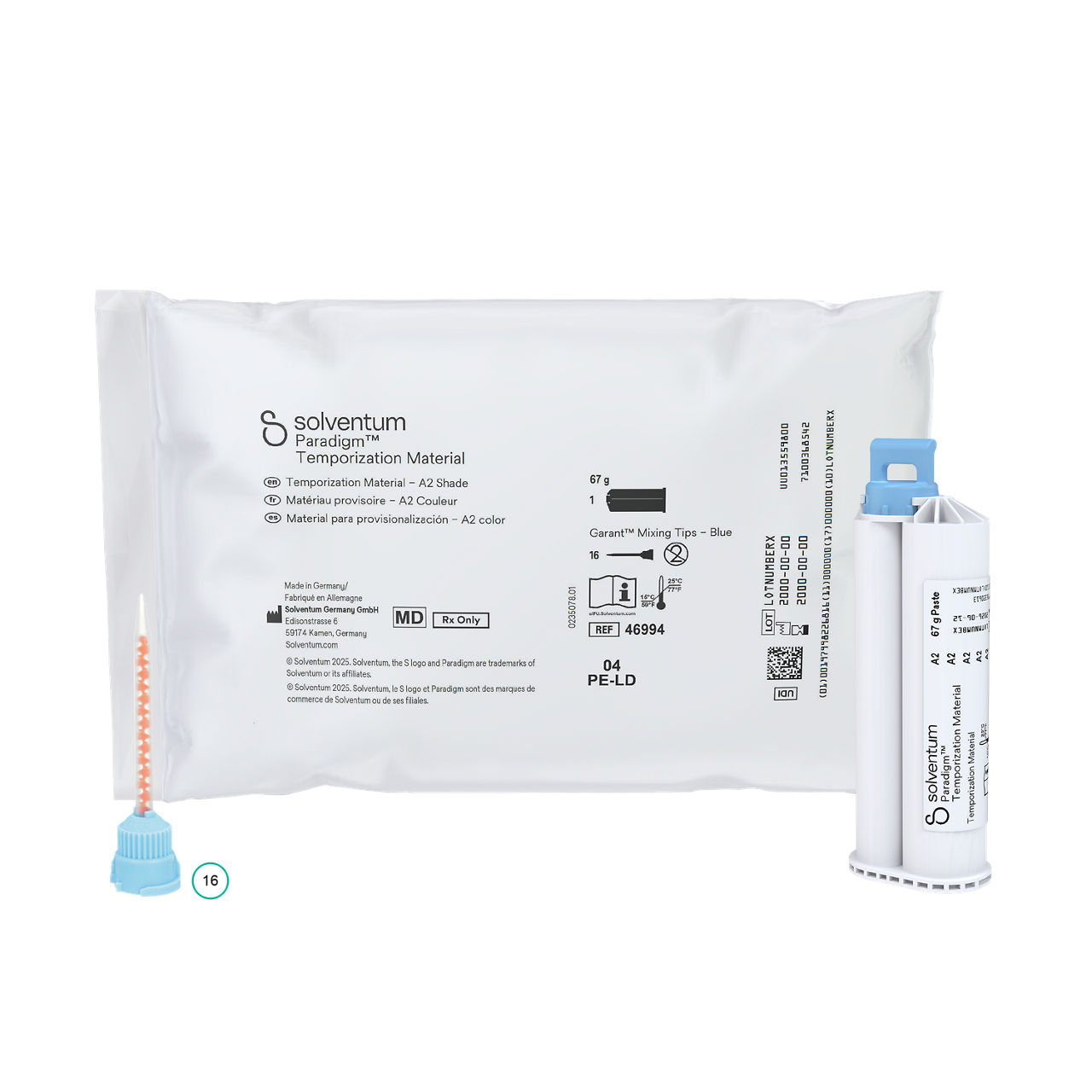 Solventum™ Paradigm™ Temporization Material – A2 Shade, 46994, A2, 67 g Paste, Mixing Tips – Blue - Front, Center, In Packaging (1C1)