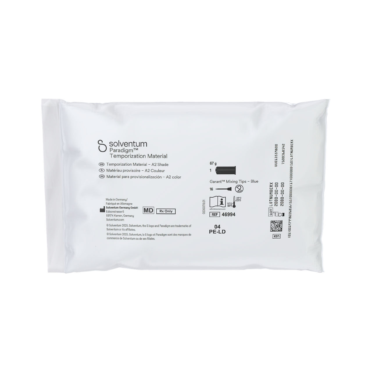 Solventum™ Paradigm™ Temporization Material – A2 Shade, 46994, A2, 67 g Paste, Mixing Tips – Blue - Front, Center, In Packaging (1C1)