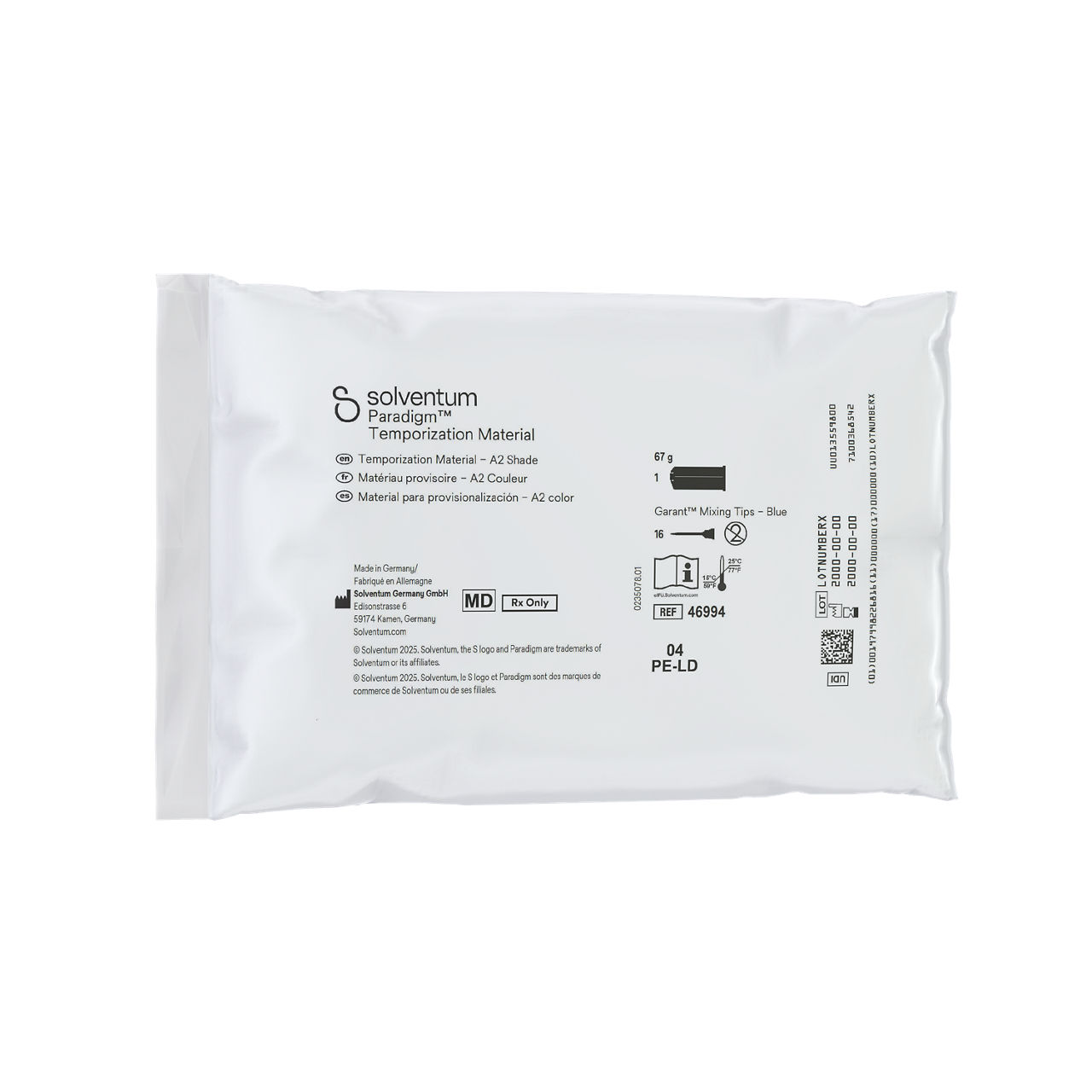Solventum™ Paradigm™ Temporization Material – A2 Shade, 46994, A2, 67 g Paste, Mixing Tips – Blue - Front, Left, In Packaging (1L1)