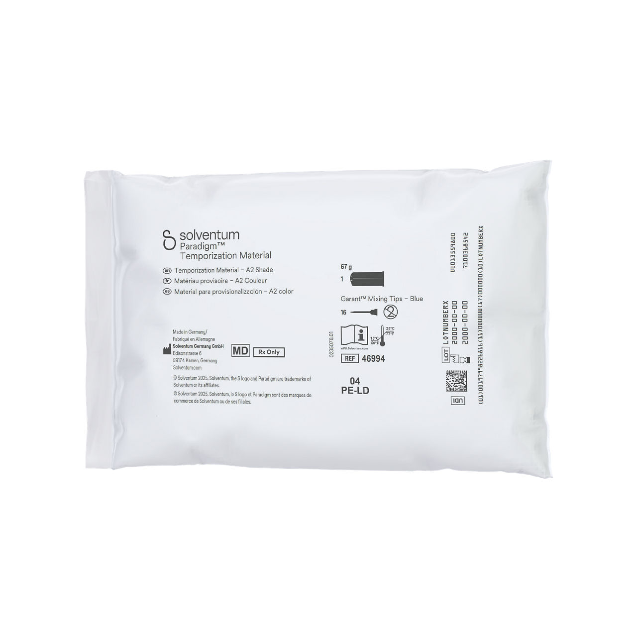 Solventum™ Paradigm™ Temporization Material – A2 Shade, 46994, A2, 67 g Paste, Mixing Tips – Blue - Front, Right, In Packaging (1R1)