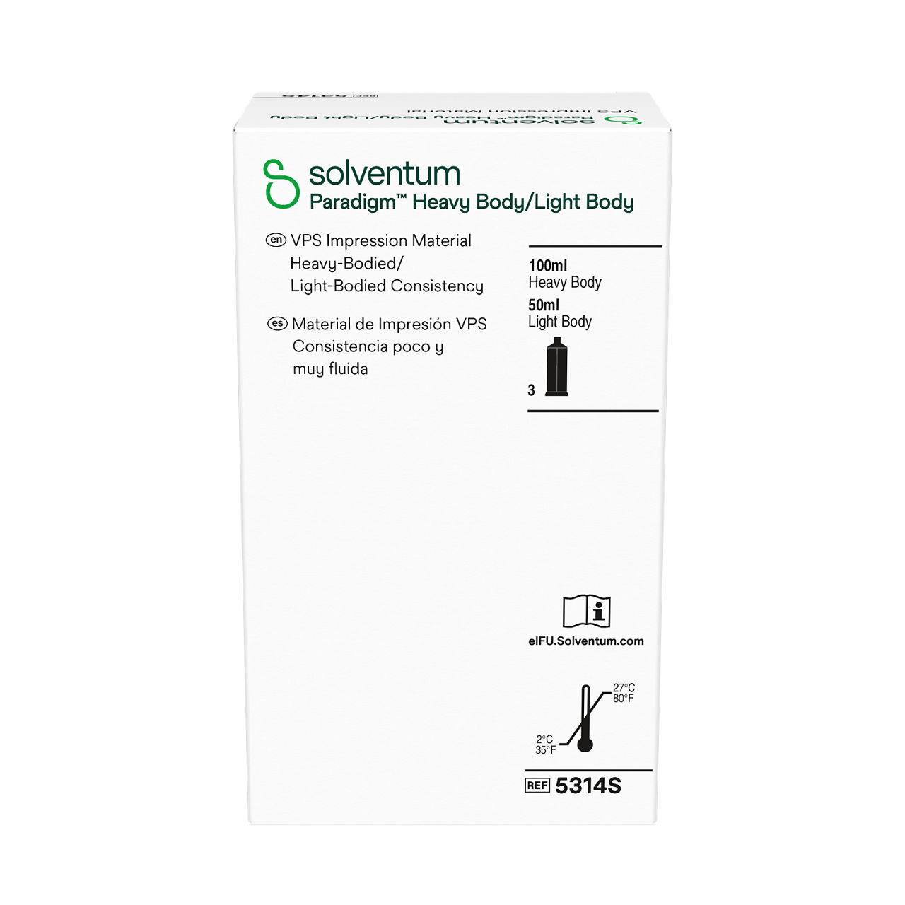 Solventum™ Paradigm™ VPS Impression Material, 5314S, Heavy and Light Body, Sample - Front, Center, In Packaging (1C1)