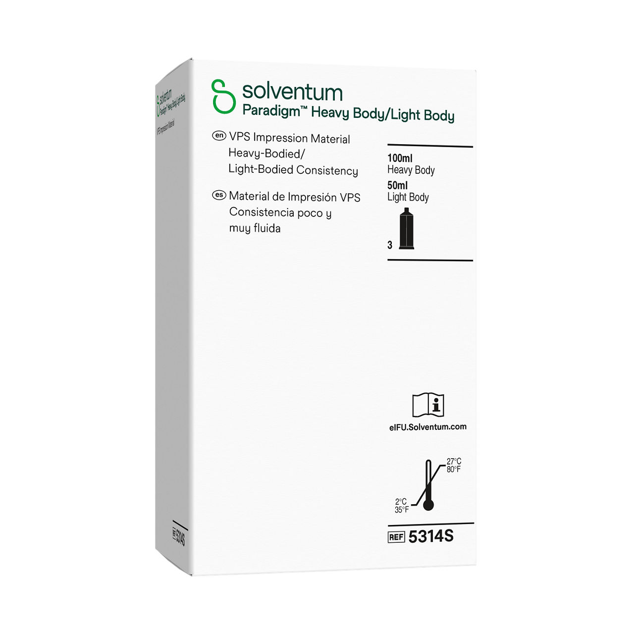 Solventum™ Paradigm™ VPS Impression Material, 5314S, Heavy and Light Body, Sample - Front, Left, In Packaging (1L1)