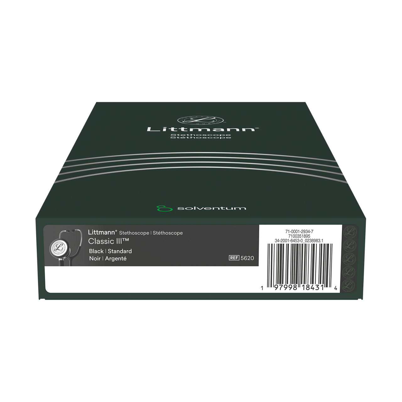 Littmann® Classic III™ Stethoscope, 5620, Standard-Finish Chestpiece, Black Tube, 27 in, 3/CS - Bottom, Center, In Packaging (9C1)