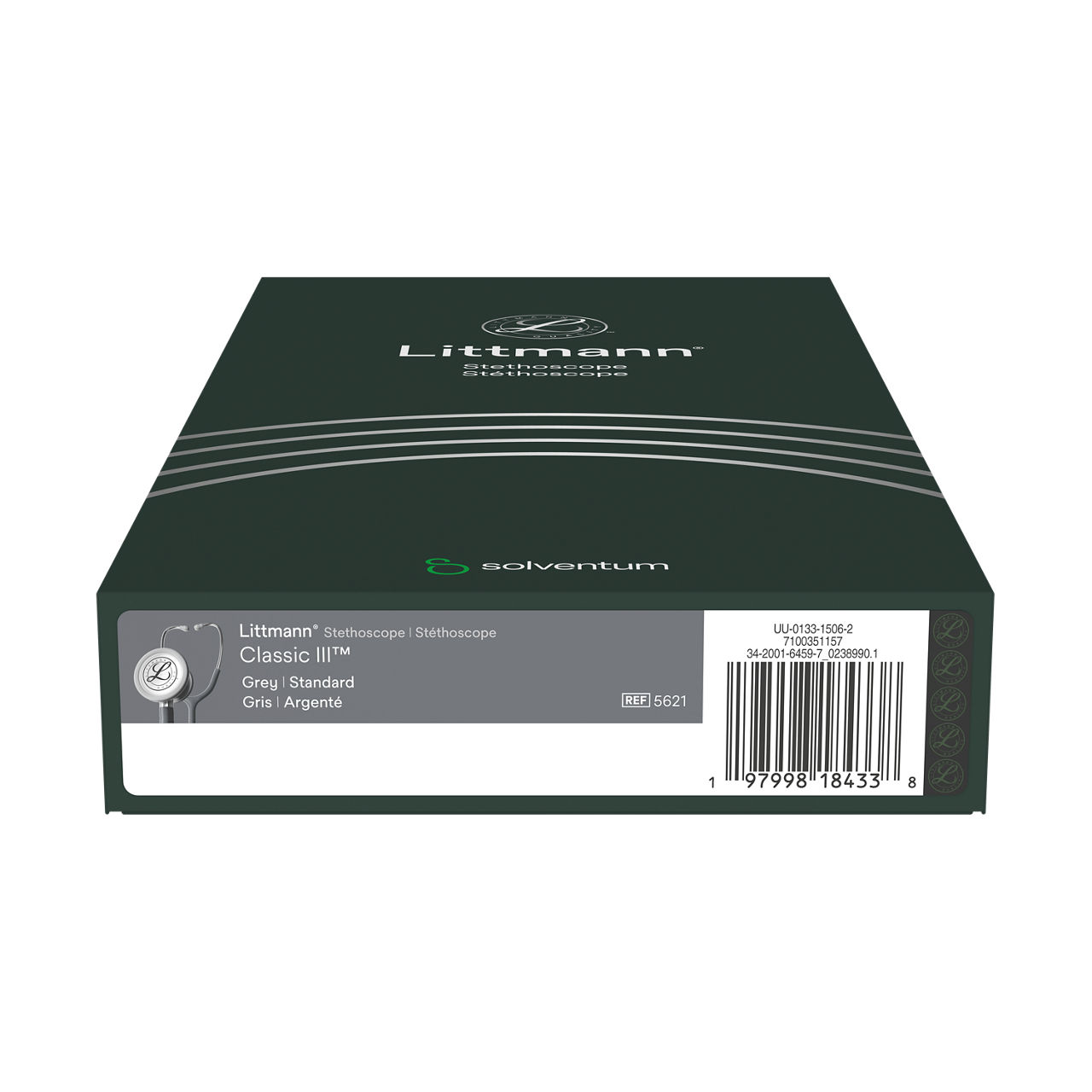Littmann® Classic III™ Stethoscope, 5621, Standard-Finish Chestpiece, Gray Tube, 27 in, 3/CS - Bottom, Center, In Packaging (9C1)