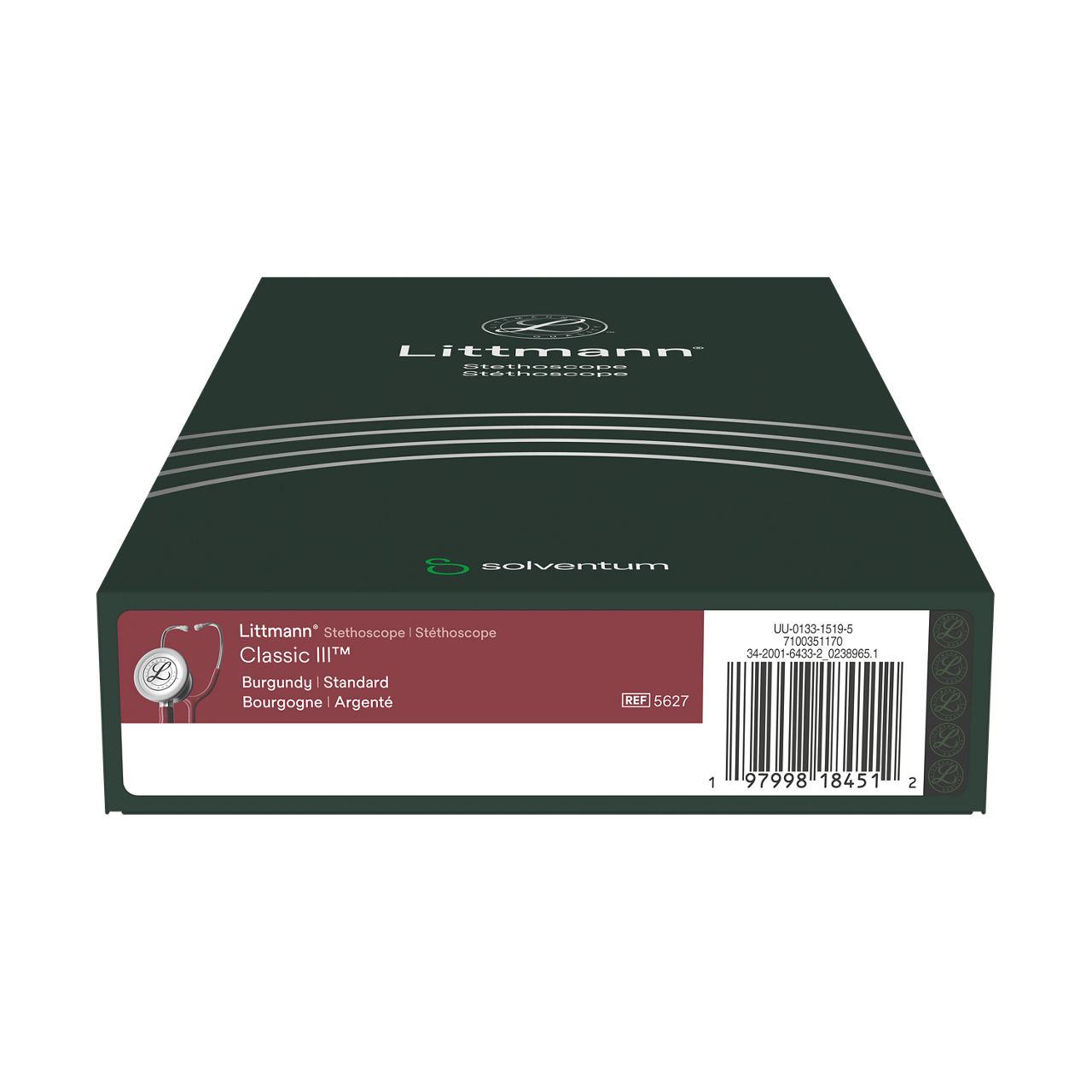 Littmann® Classic III™ Stethoscope, 5627, Standard-Finish Chestpiece, Burgundy Tube, 27 in, 3/CS - Bottom, Center, In Packaging (9C1)