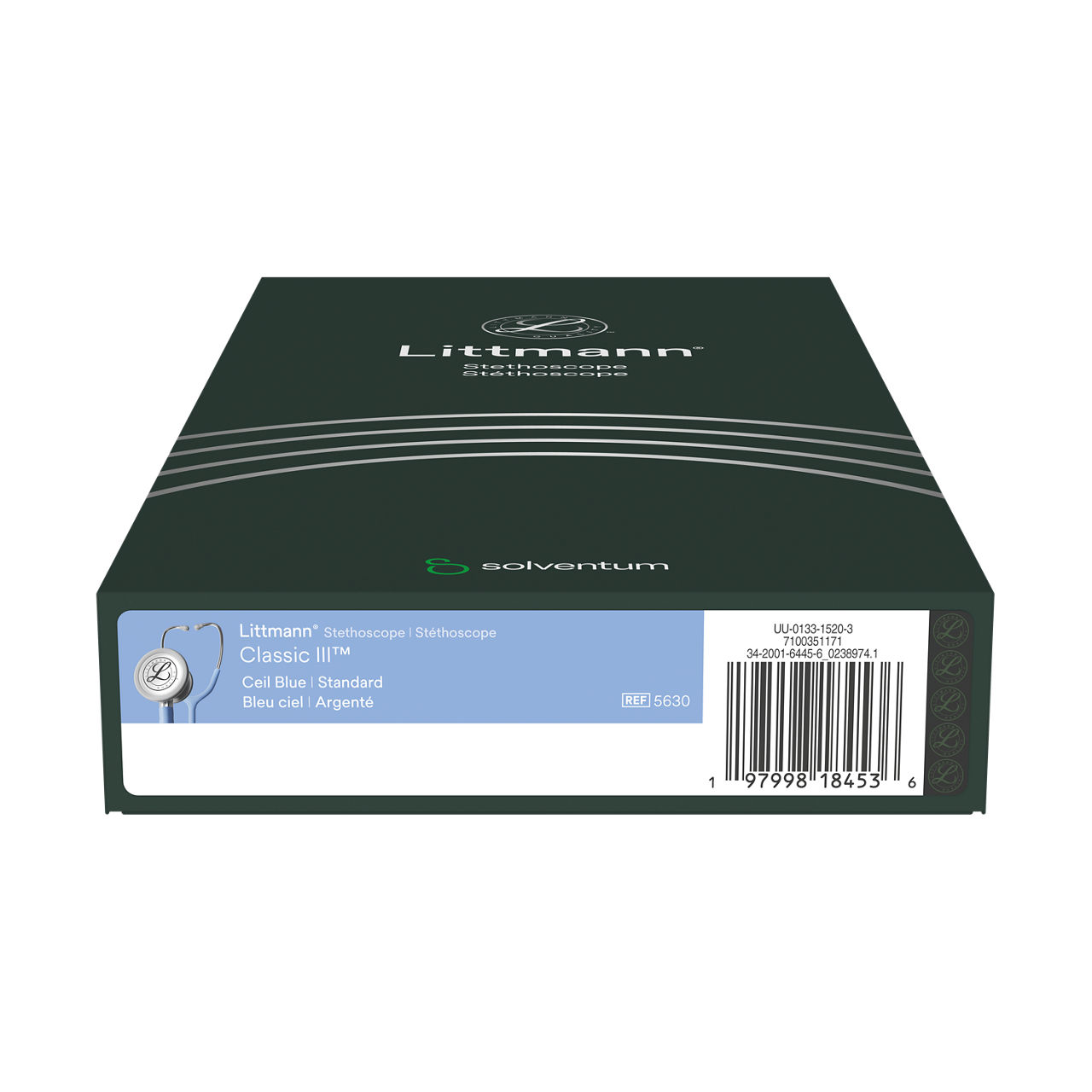 Littmann® Classic III™ Stethoscope, 5630, Standard-Finish Chestpiece, Ceil Blue Tube, 27 in, 3/CS - Bottom, Center, In Packaging (9C1)