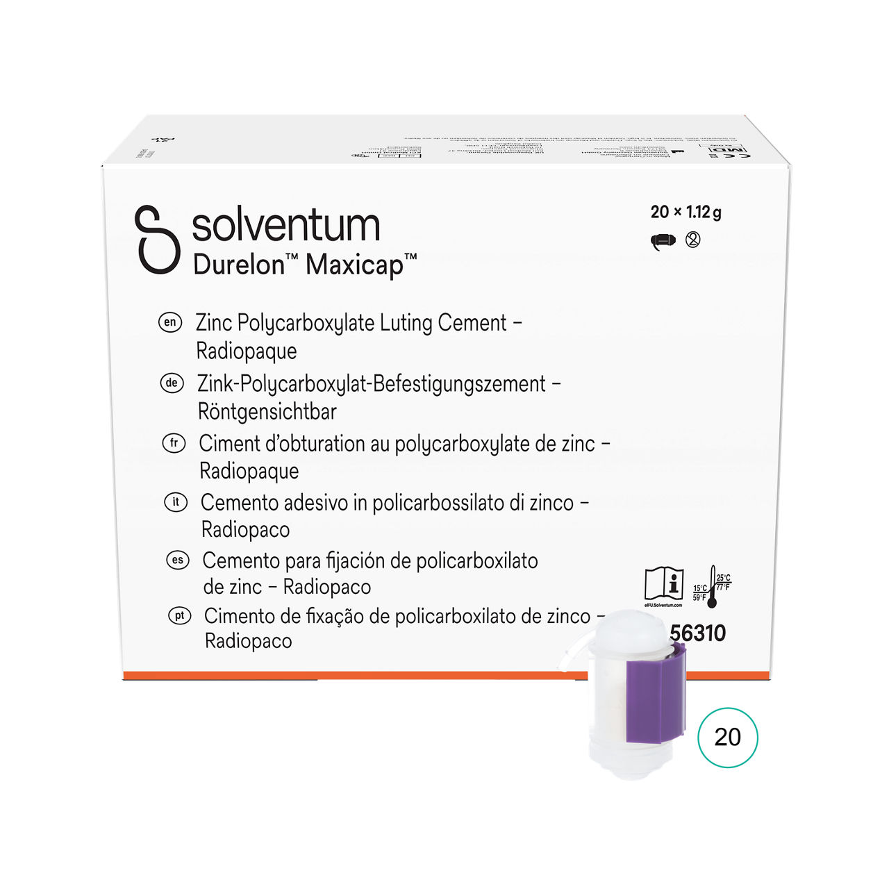 Solventum™ Durelon™ Maxicap™ Zinc Polycarboxylate Luting Cement, 56310, Maxicap - Front, Center, In and Out of Packaging (1C10)