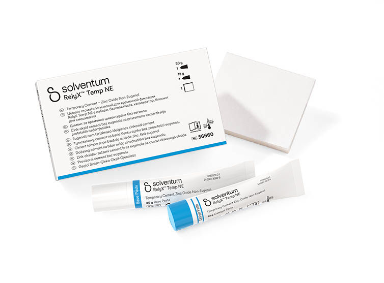Solventum™ RelyX™ Temp NE Temporary Cement Zinc Oxide Non-Eugenol - Front, Left, In and Out of Packaging (1L10)