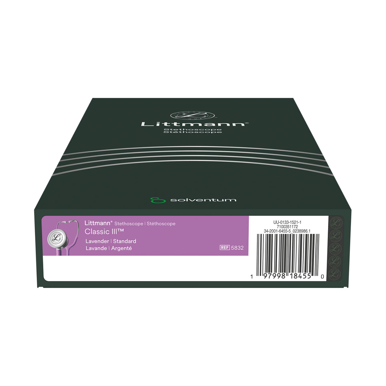 Littmann® Classic III™ Stethoscope, 5832, Standard-Finish Chestpiece, Lavender Tube, 27 in, 3/CS - Bottom, Center, In Packaging (9C1)