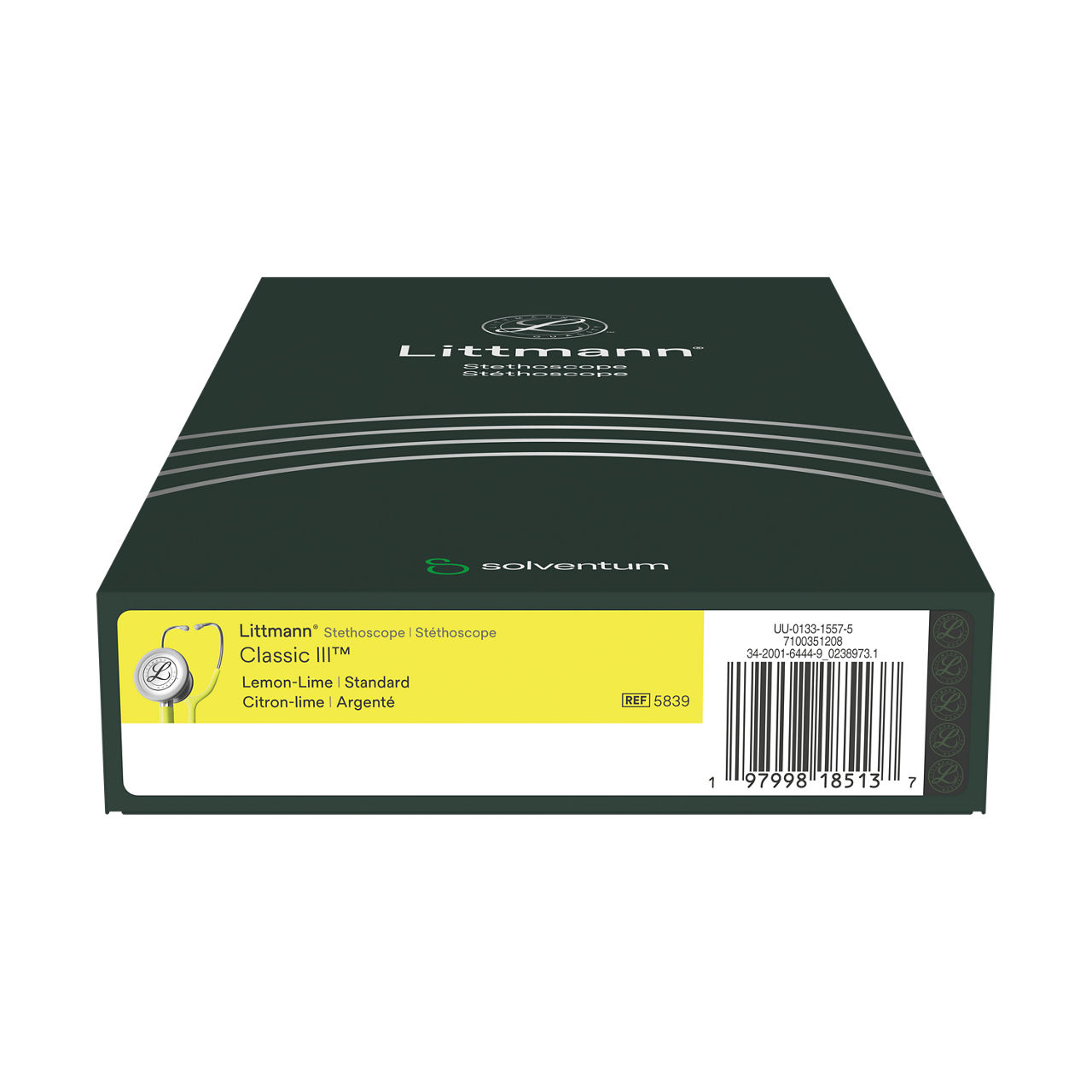 Littmann® Classic III™ Stethoscope, 5839, Standard-Finish Chestpiece, Lemon-Lime Tube, 27 in, 3/CS - Bottom, Center, In Packaging (9C1)