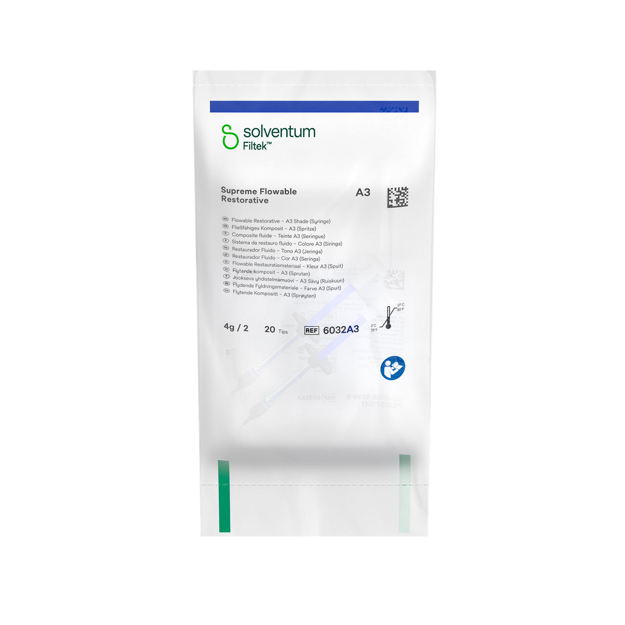 Solventum™ Filtek™ Supreme Flowable Restorative, 6032A3, A3, 2 g, Syringe, 2/PAC - Front, Center, In Packaging (1C1)