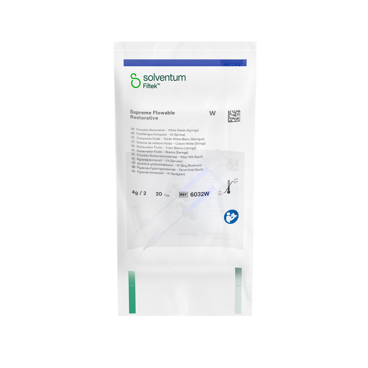 Solventum™ Filtek™ Supreme Flowable Restorative, 6032W, W, 2 g, Syringe, 2/PAC - Front, Center, In Packaging (1C1)