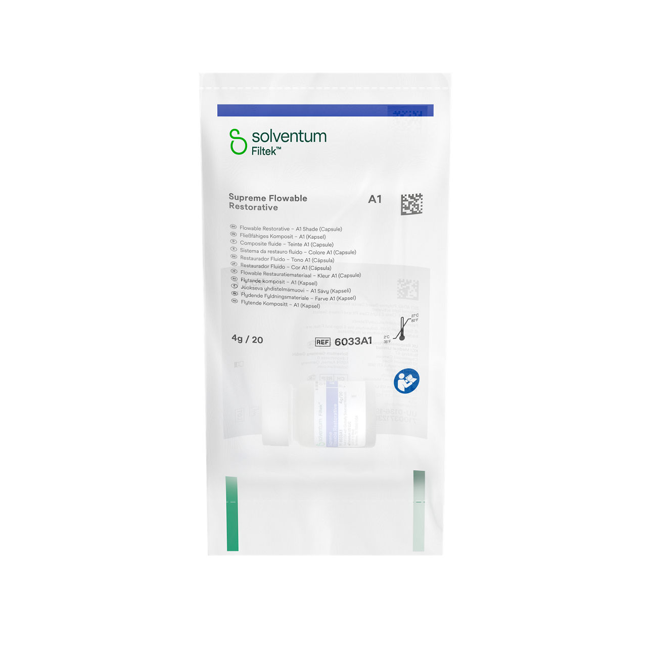 Solventum™ Filtek™ Supreme Flowable Restorative, 6033A1, A1, 0.2 g, Capsule, 20/PAC - Front, Center, In Packaging (1C1)