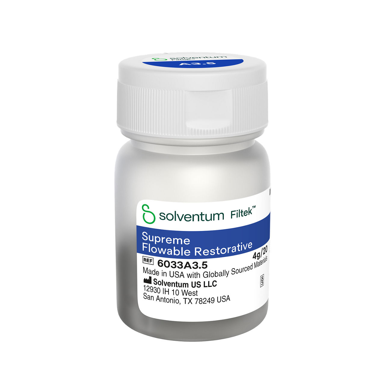 Solventum™ Filtek™ Supreme Flowable Restorative, 6033A3.5, A3.5, 0.2 g, Capsule, 20/PAC - Front, Center, Out of Packaging (1C0)