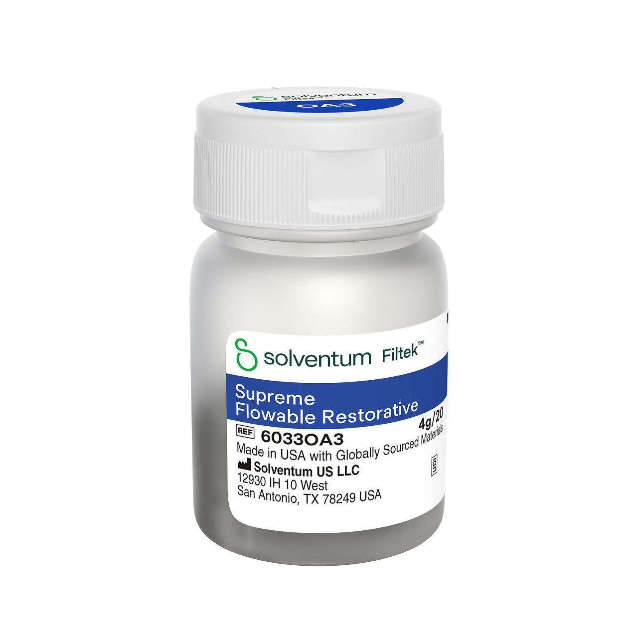 Solventum™ Filtek™ Supreme Flowable Restorative, 6033OA3, OA3, 0.2 g, Capsule, 20/PAC - Front, Center, Out of Packaging (1C0)