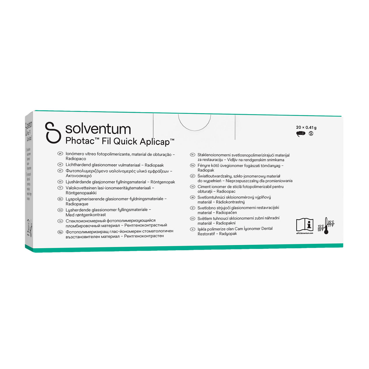 Solventum™ Photac™ Fil Quick Aplicap™ Light-Curing Glass Ionomer Dental Restorative, 61010, A1, capsule, 0.41 g, 20/PAC - Bottom, Left, In Packaging (9L1)