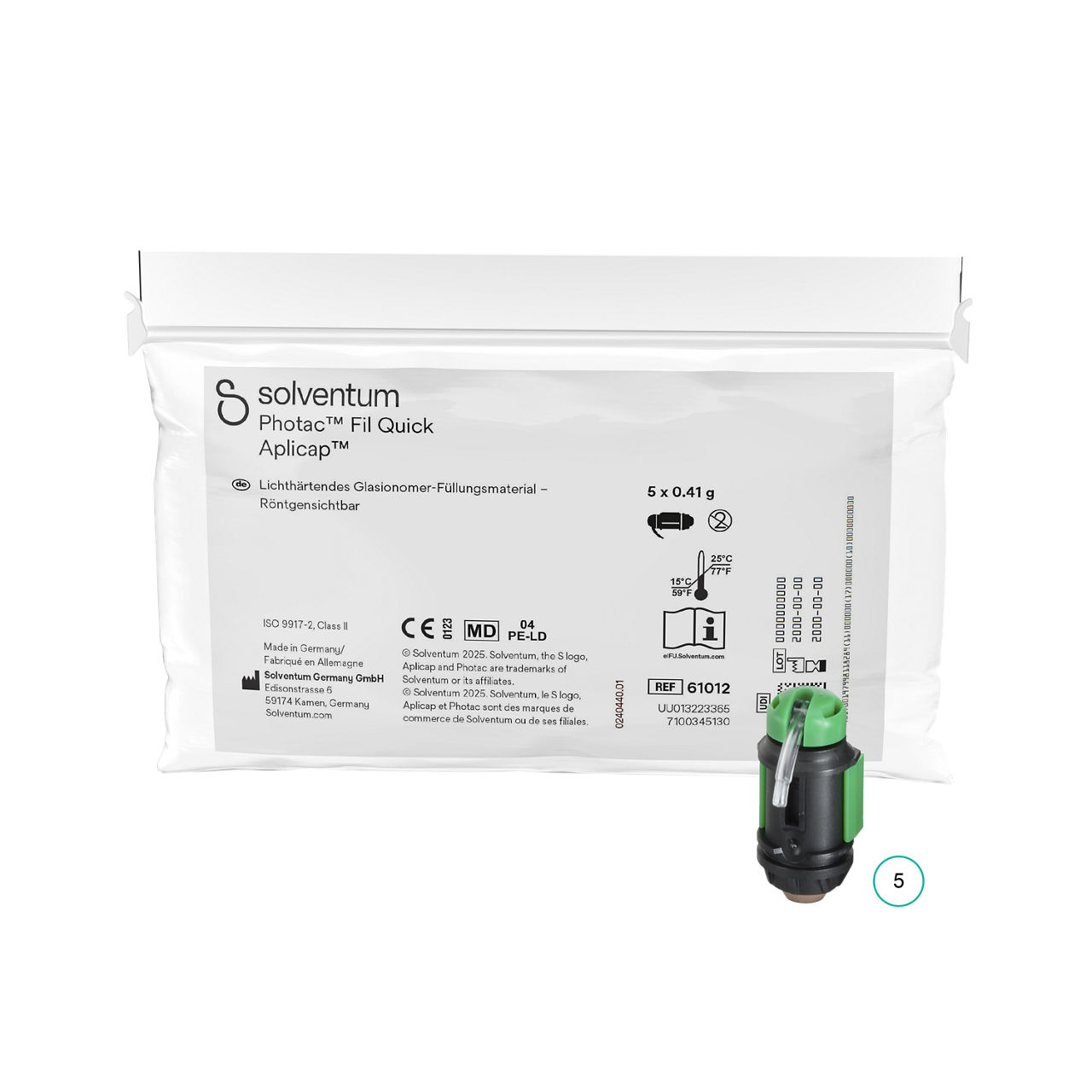 Solventum™ Photac™ Fil Quick Aplicap™ Light-Curing Glass Ionomer Dental Restorative, 61012, A3.5, NP - Front, Center, In and Out of Packaging (1C10)