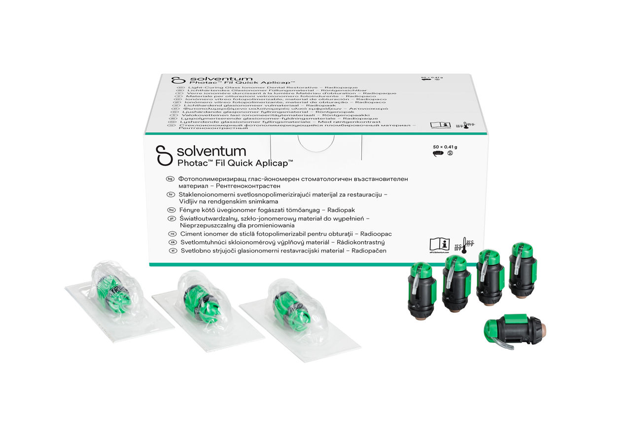 Solventum™ Photac™ Fil Quick Aplicap™ Light-Curing Glass Ionomer DentalRestorative, 61020, NP A2 -Top, Center, In and Out of Packaging (3C10)